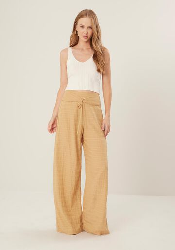 Calça Pantalona em Jacquard com Amarração Cós, BEGE BIRCH. Calça Pantalona em Jacquard com Amarração Cós, BEGE BIRCH, large.