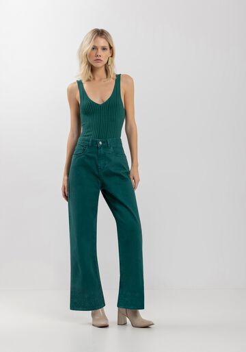 Calça Wide Leg Em Sarja Com Cós Alto E Bordado Na Barra, VERDE CERES. Calça Wide Leg Em Sarja Com Cós Alto E Bordado Na Barra, VERDE CERES, large.