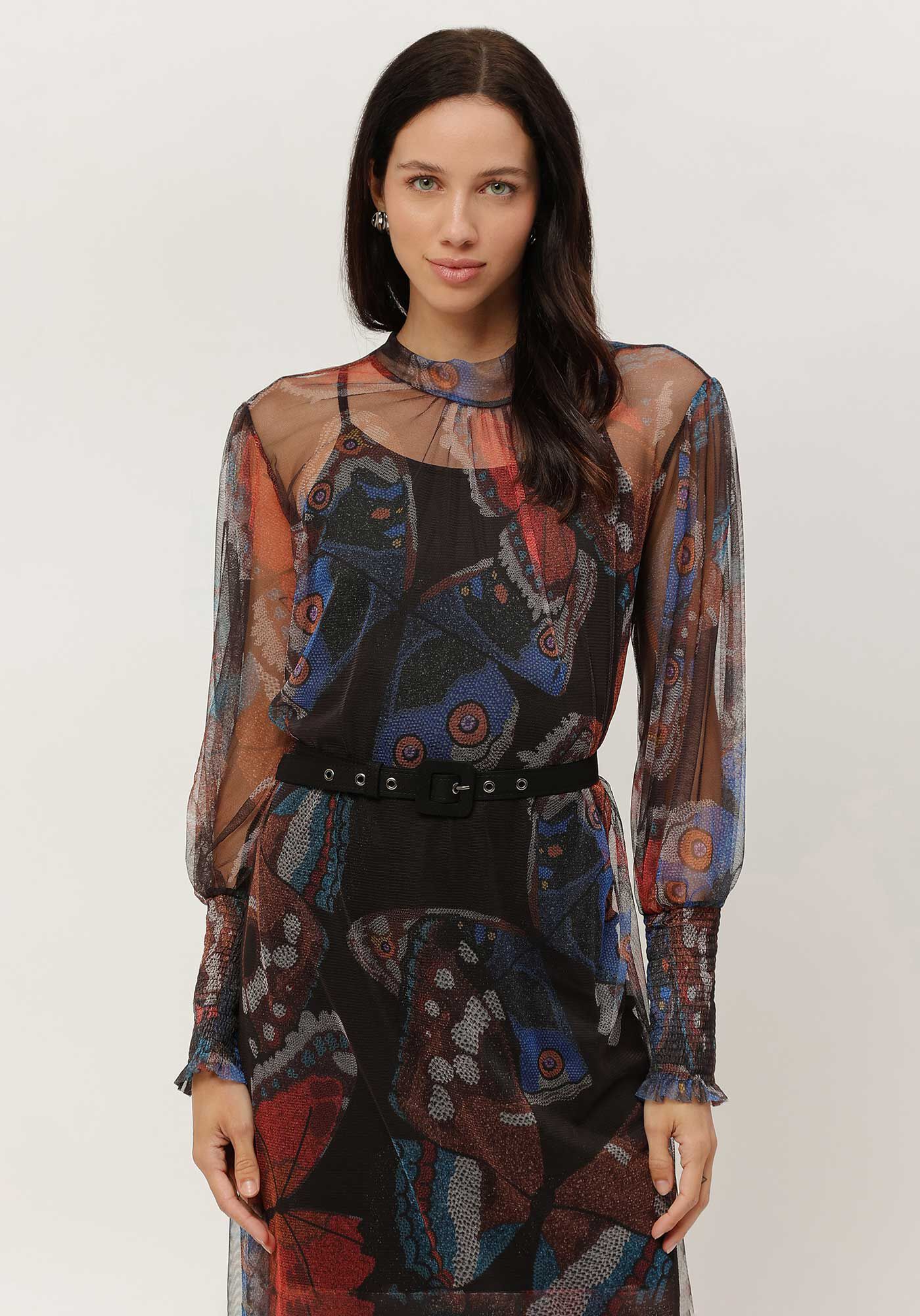 Vestido Longo em Tule Estampado com Cinto, , large.