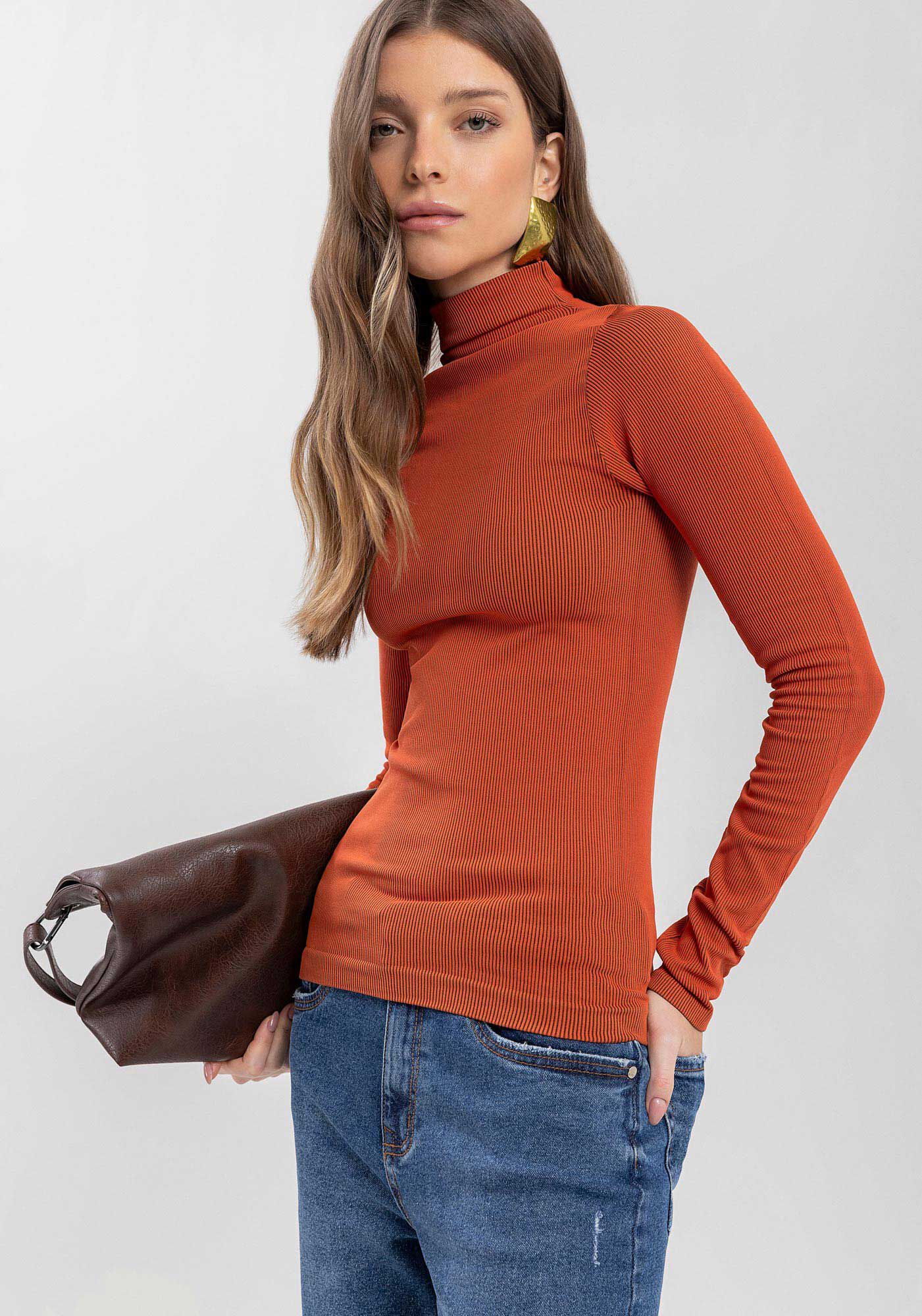 Blusa De Mangas Longas Com Gola Alta Em Malha Seamless, LARANJA TOMILHO, large.