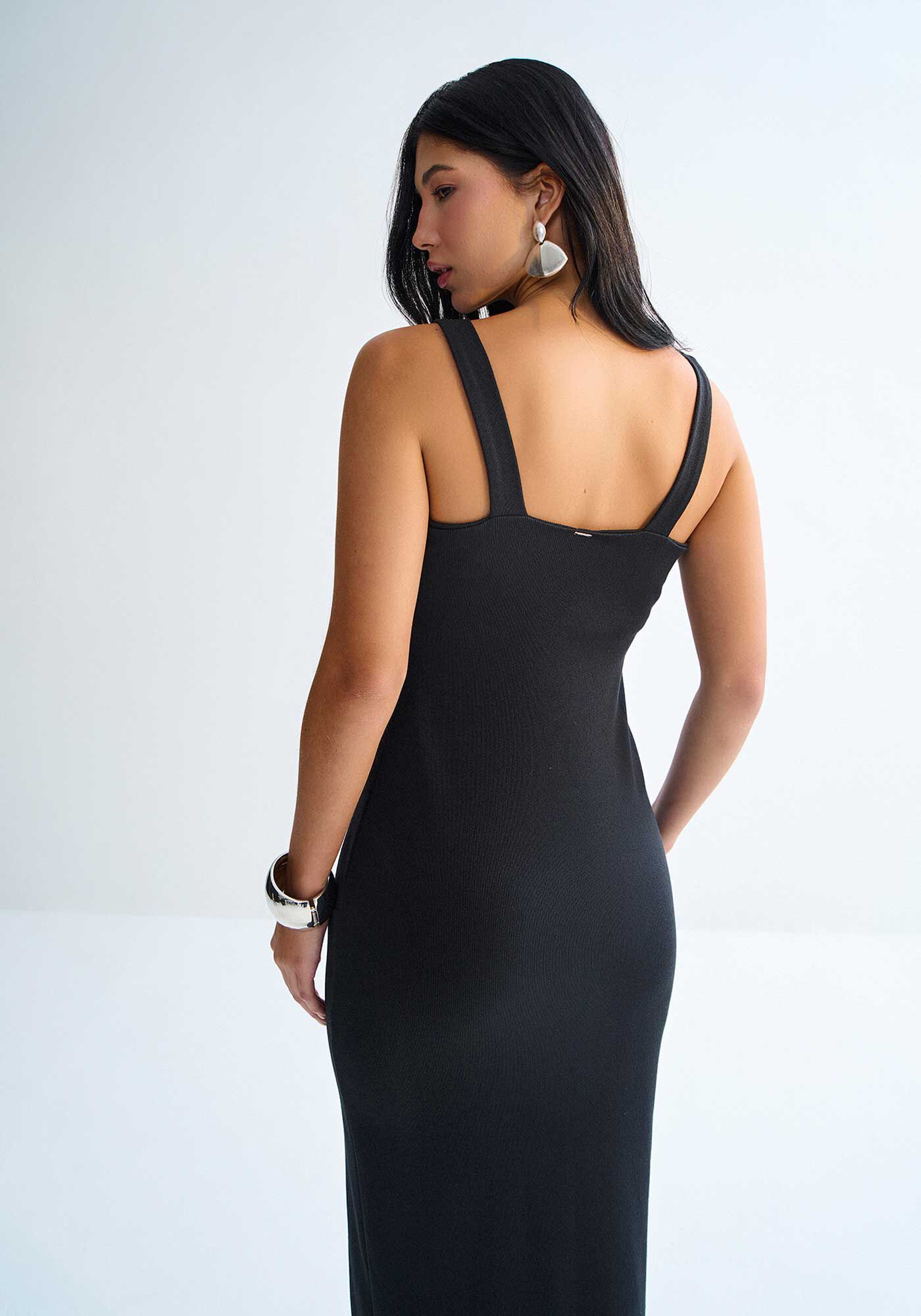 Vestido Midi em Malha com Detalhe Metal Al&ccedil;as, PRETO REATIVO, large.