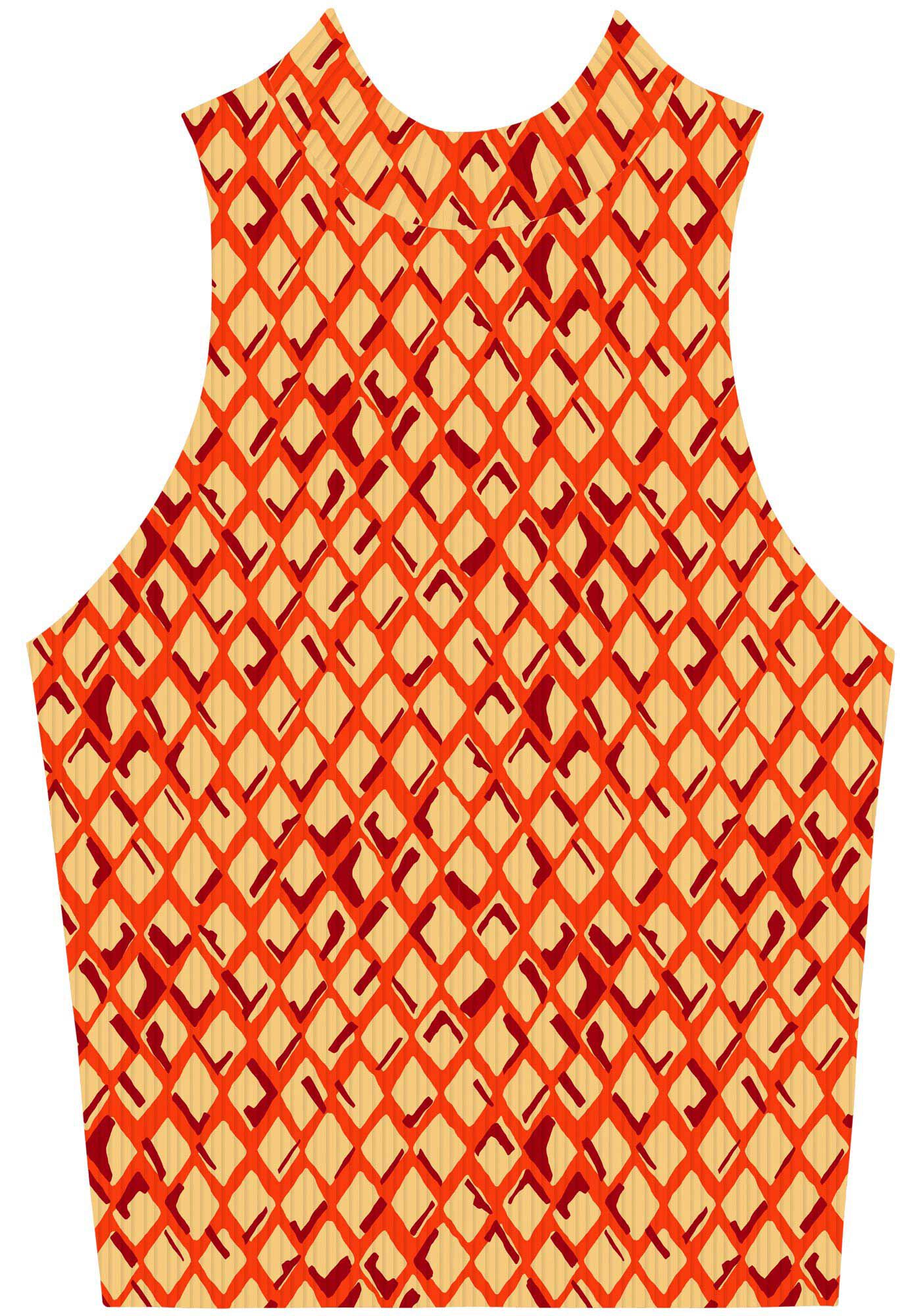 Blusa Estampada Sem Mangas Com Gola Alta Em Malha Canelada, , large.