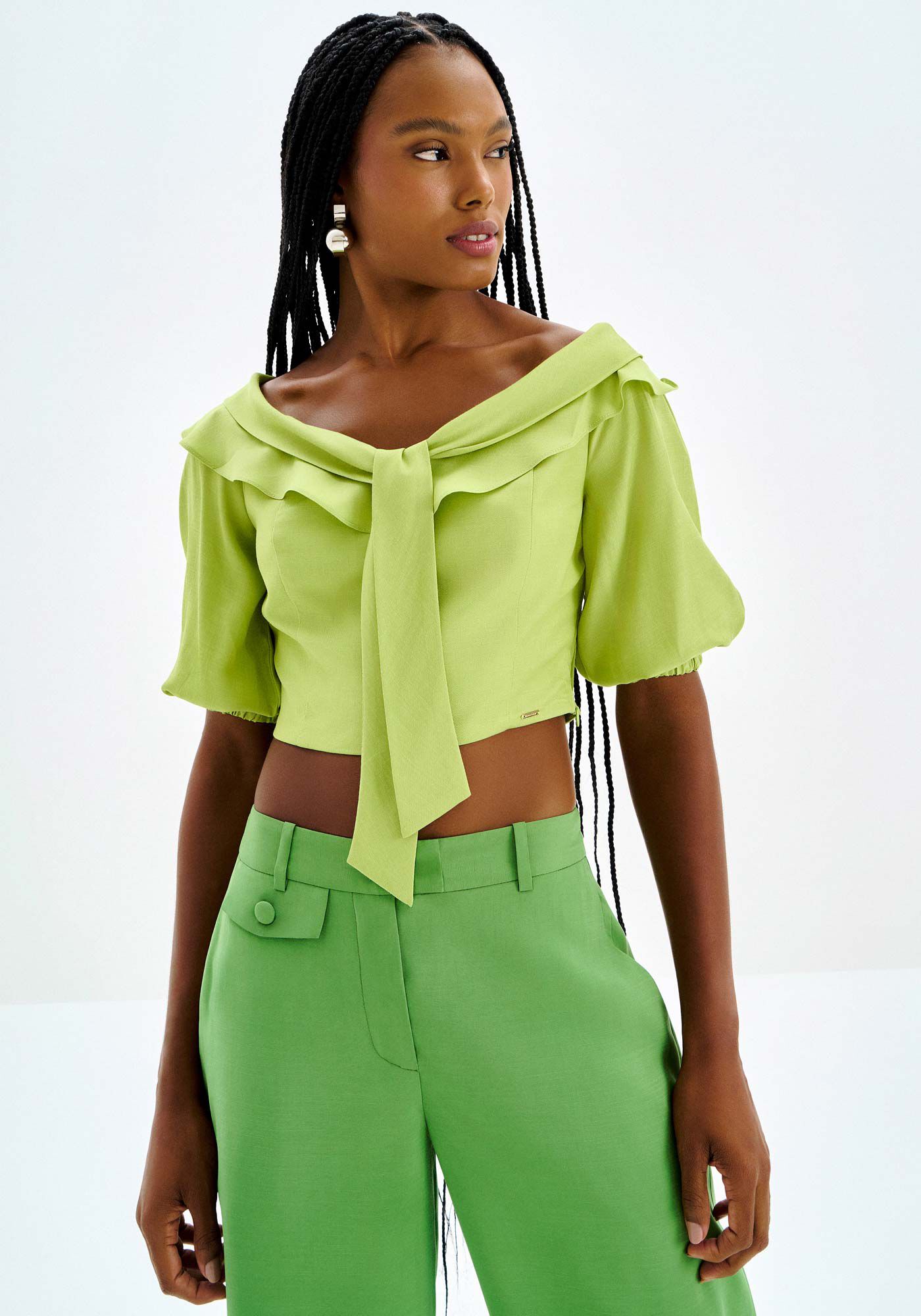 Blusa Ombro a Ombro em Viscose com La&ccedil;o, , large.