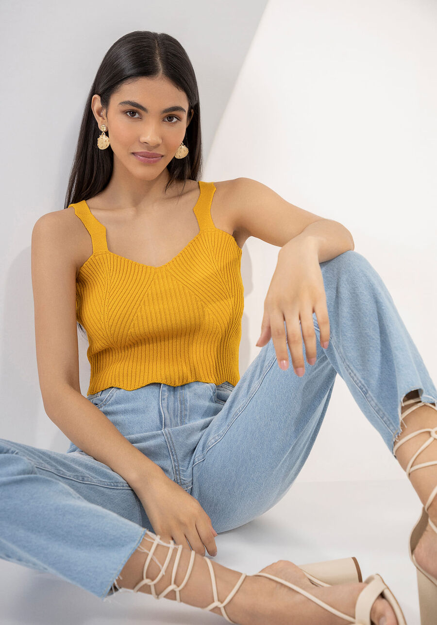 Blusa Cropped em Tricô com Alças Onduladas, . Blusa Cropped em Tricô com Alças Onduladas, , large.