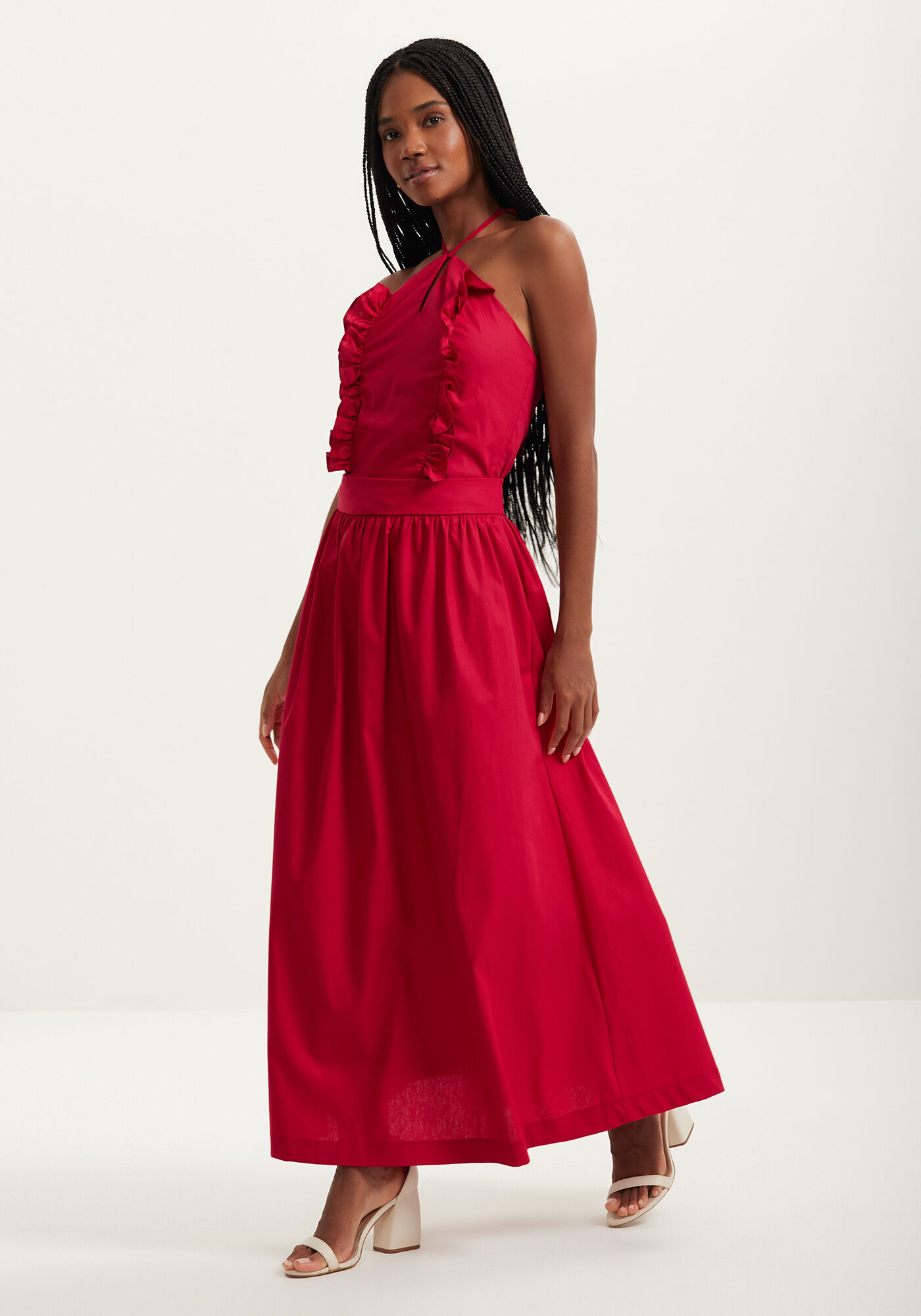 Saia Ch&aacute; Com Cintura Alta Em Tafet&aacute; De Algod&atilde;o, VERMELHO PASSION, large.