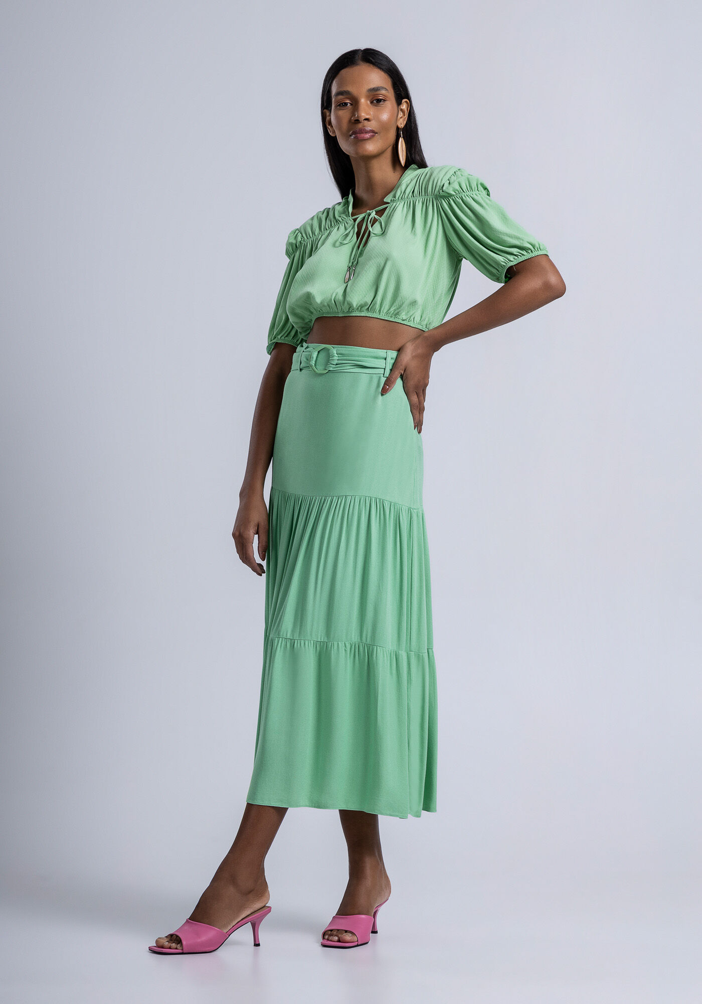 Blusa Cropped em Viscose com Franzidos e Amarra&ccedil;&atilde;o, , large.