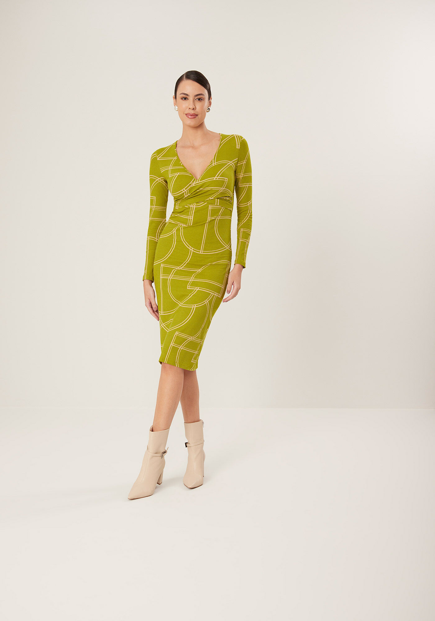 Vestido Estampado Midi Em Malha Canelada Com Recorte Frontal, , large.