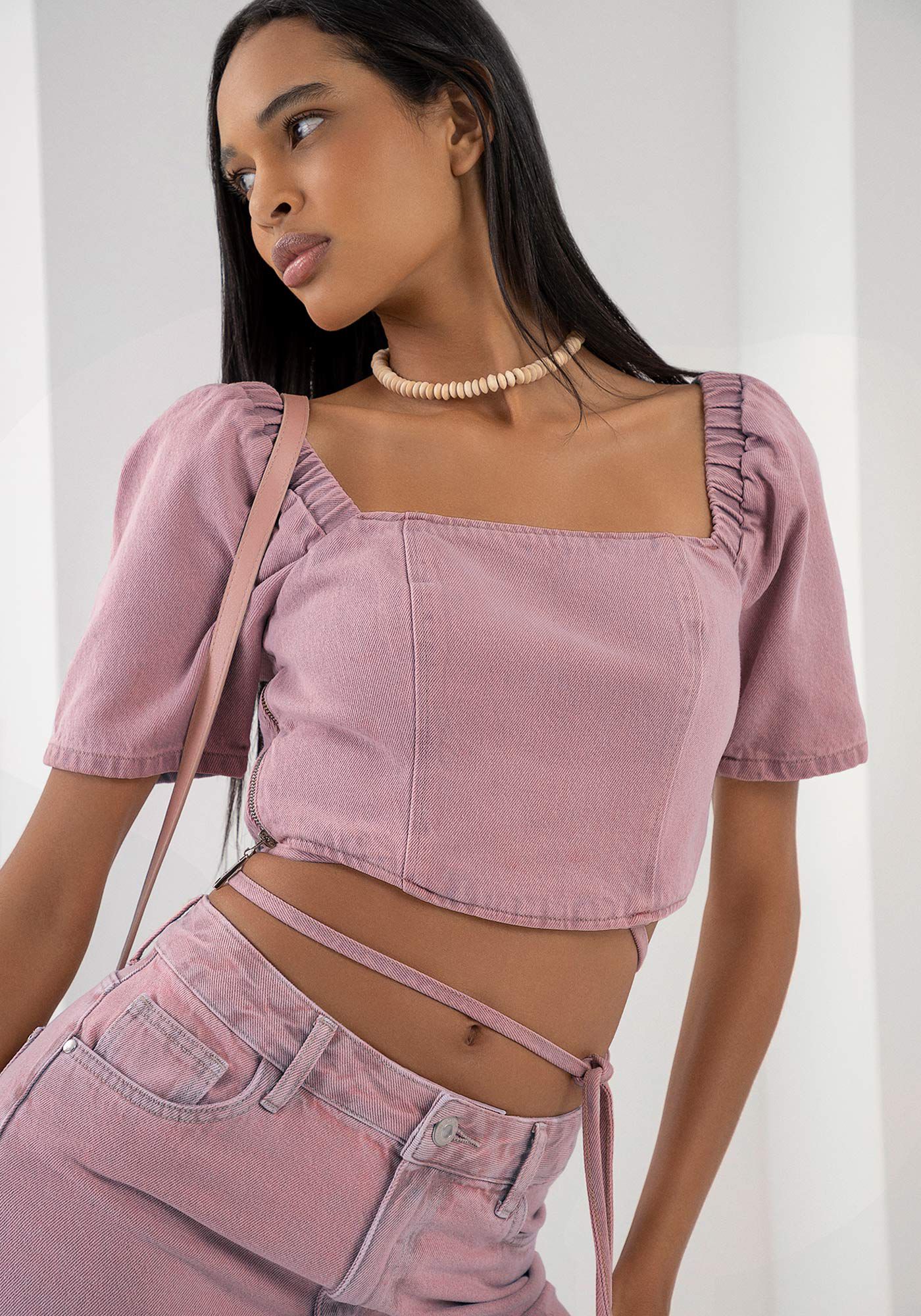 Blusa Jeans Cropped Estonada com Amarra&ccedil;&atilde;o, , large.