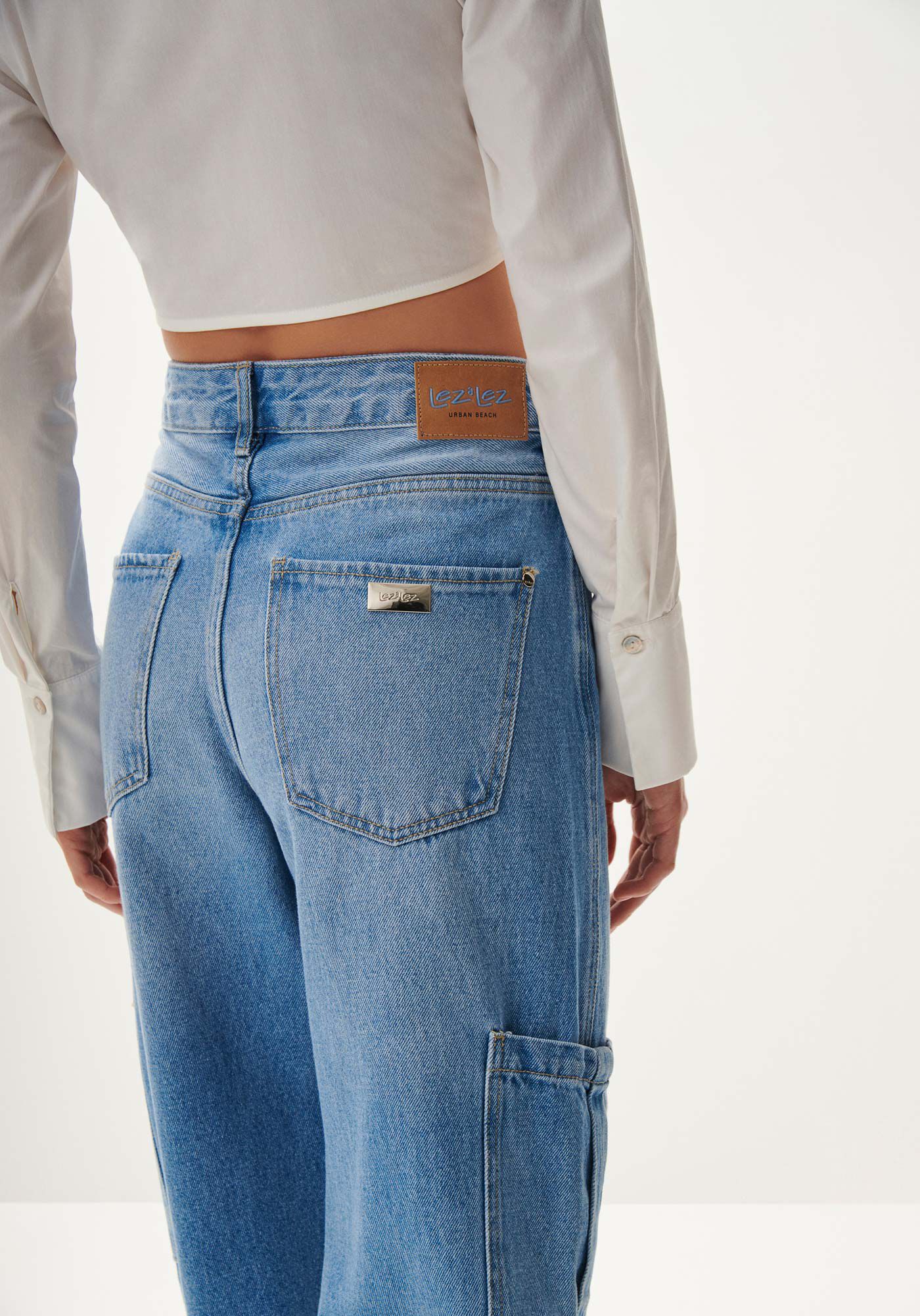 Cal&ccedil;a Jeans Baggy Cargo com Cintura M&eacute;dia, JEANS, large.