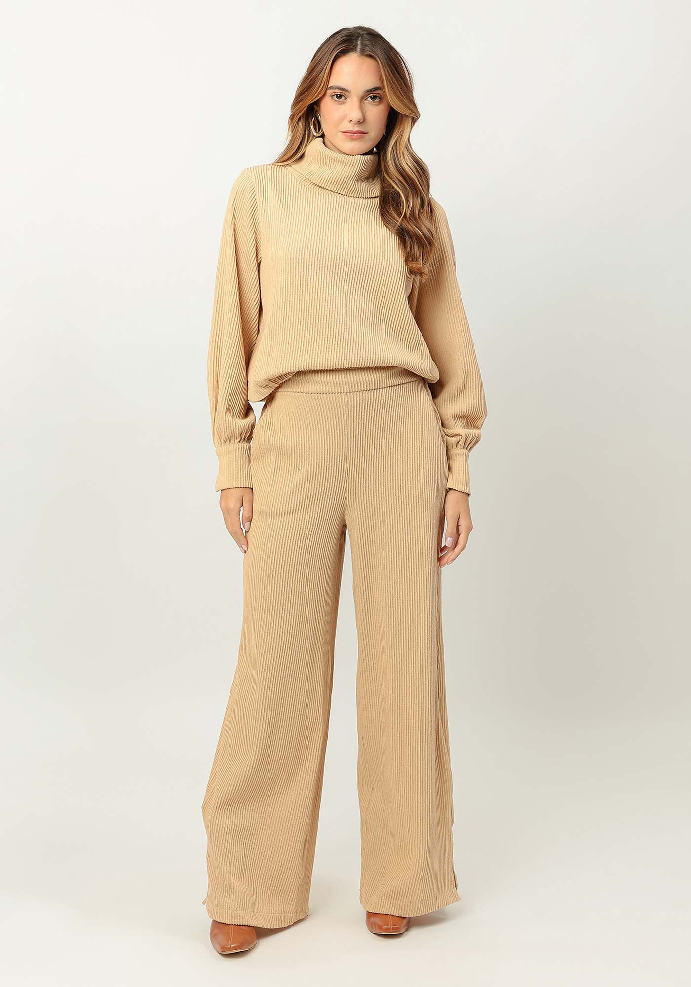 Cal&ccedil;a Pantalona em Malha com Bolsos, BEGE FLAME, large.