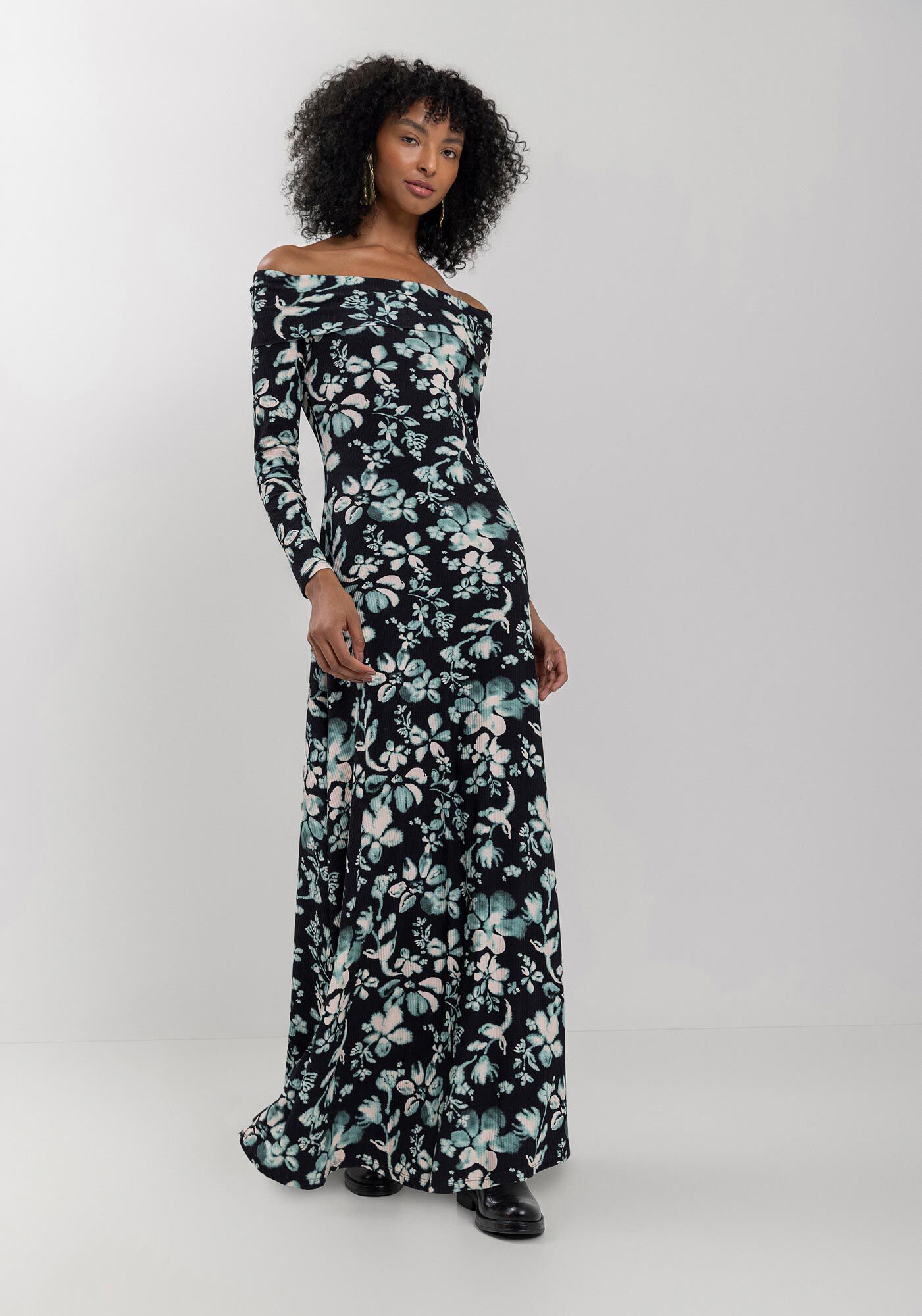 Vestido Longo Ombro A Ombro Estampado Em Malha Canelada, , large.
