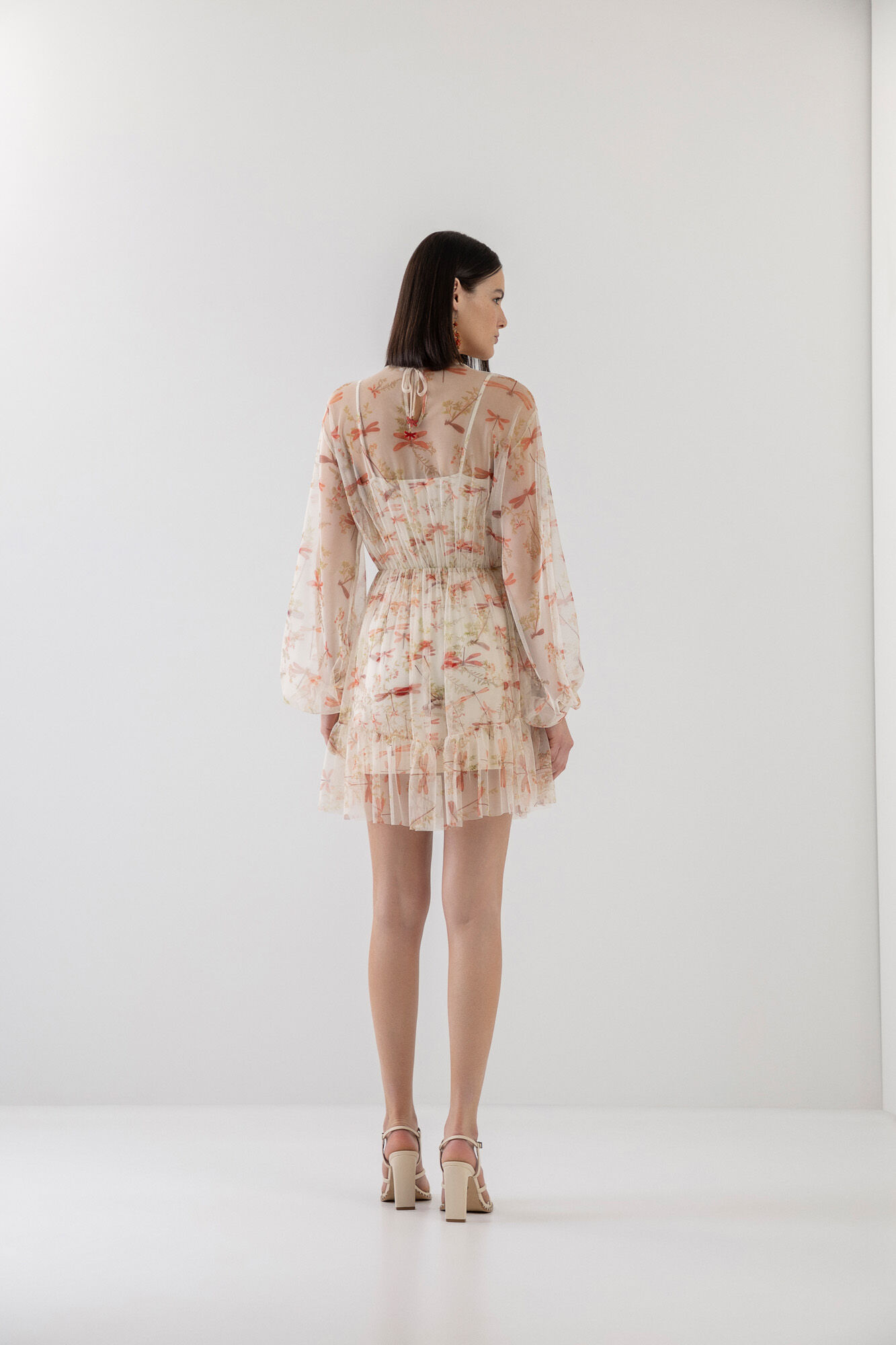 Vestido Curto Manga Longa em Tule Estampado, LIBELULAS, large.