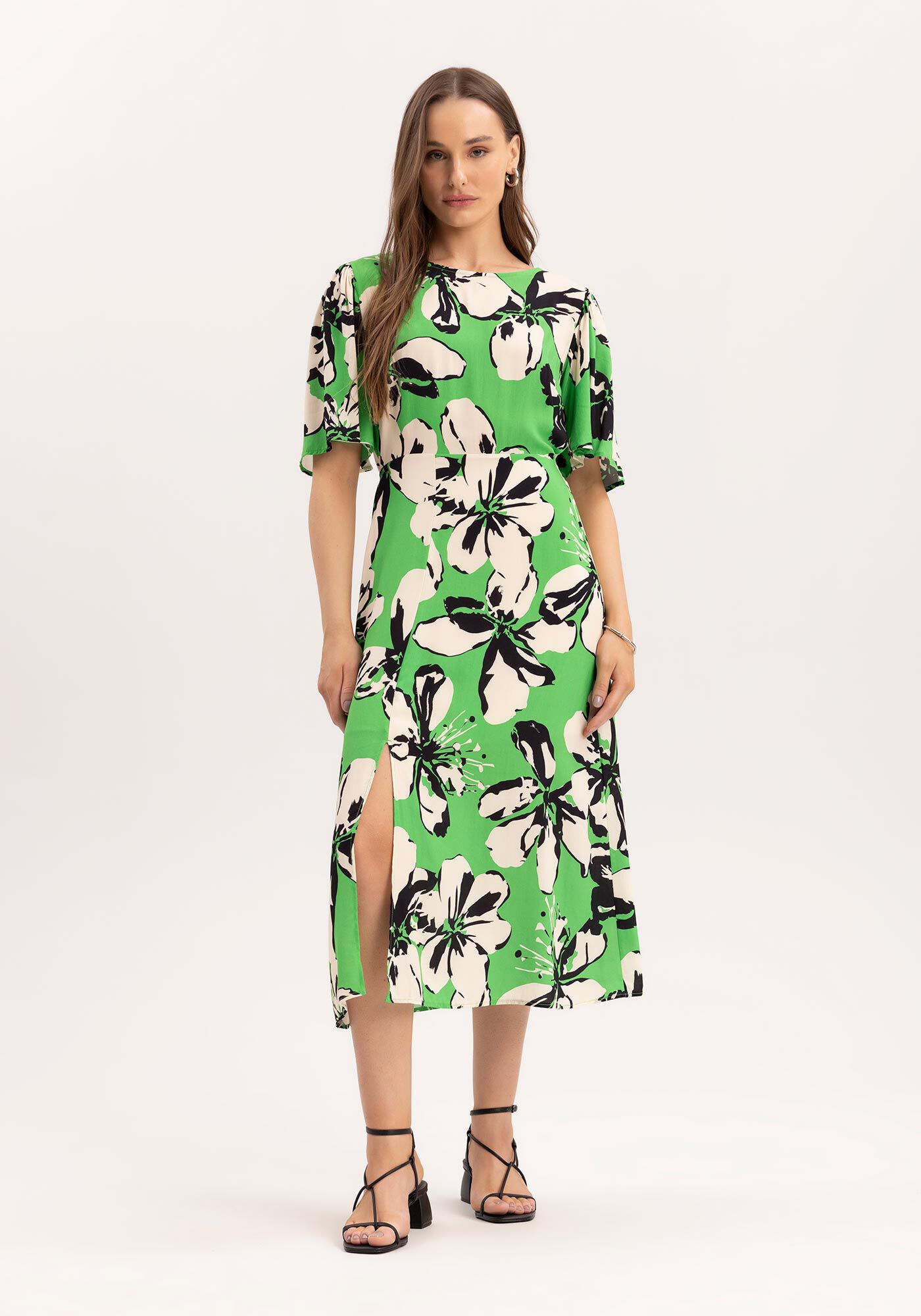 Vestido Midi Estampado com Fenda, , large.