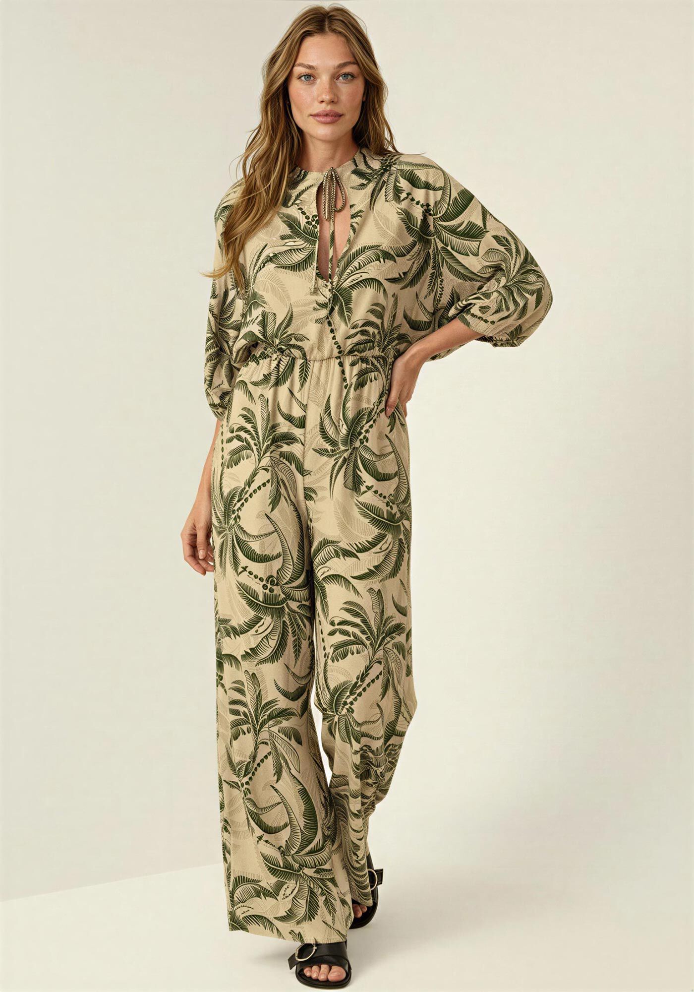 Macac&atilde;o Longo Estampado Com Mangas 3/4 E Amarra&ccedil;&atilde;o, COQUEIRO BEGE, large.