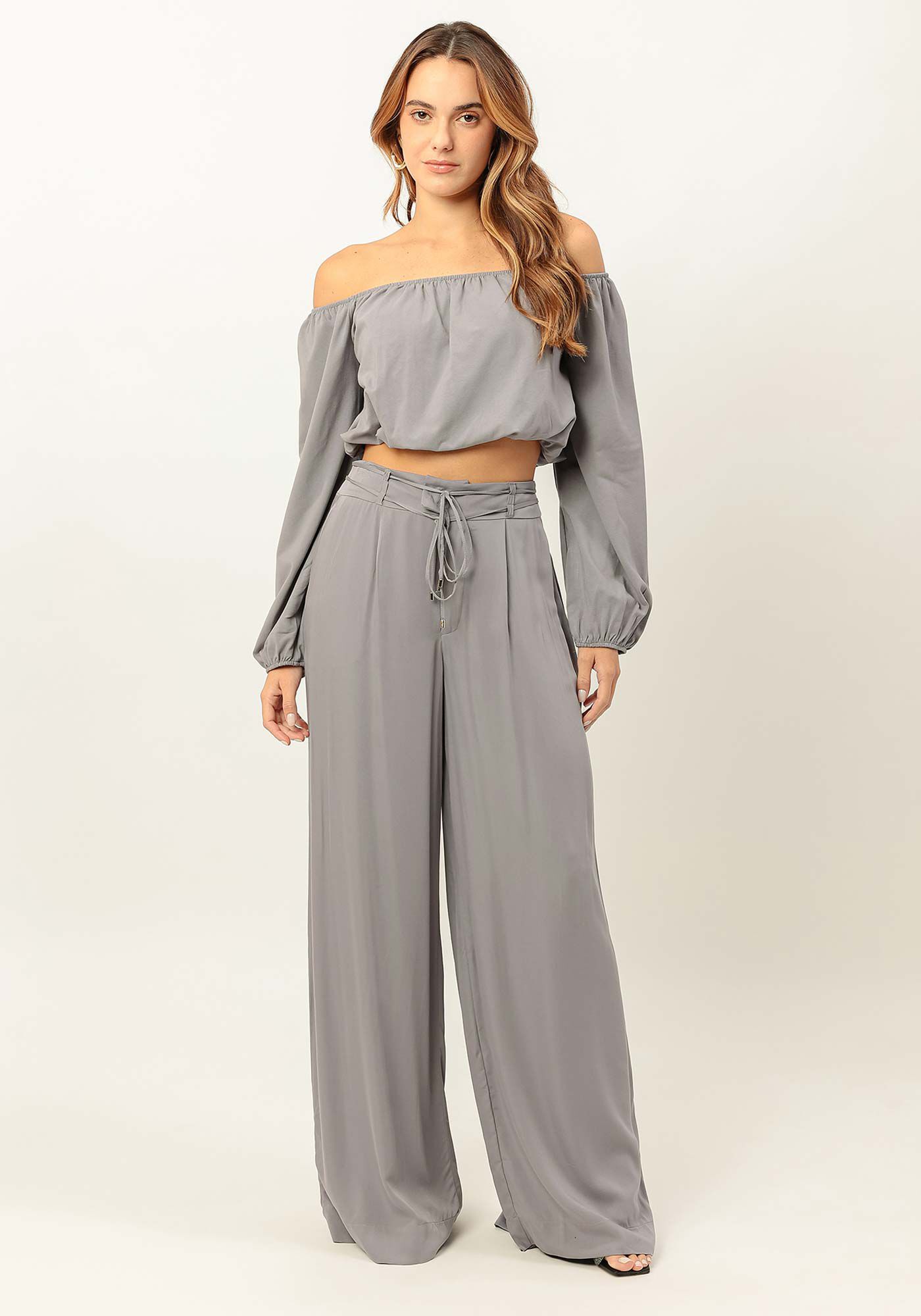 Cal&ccedil;a Pantalona em Tecido Plano com Cinto Cord&atilde;o, CINZA LAVANDER BLUSH, large.