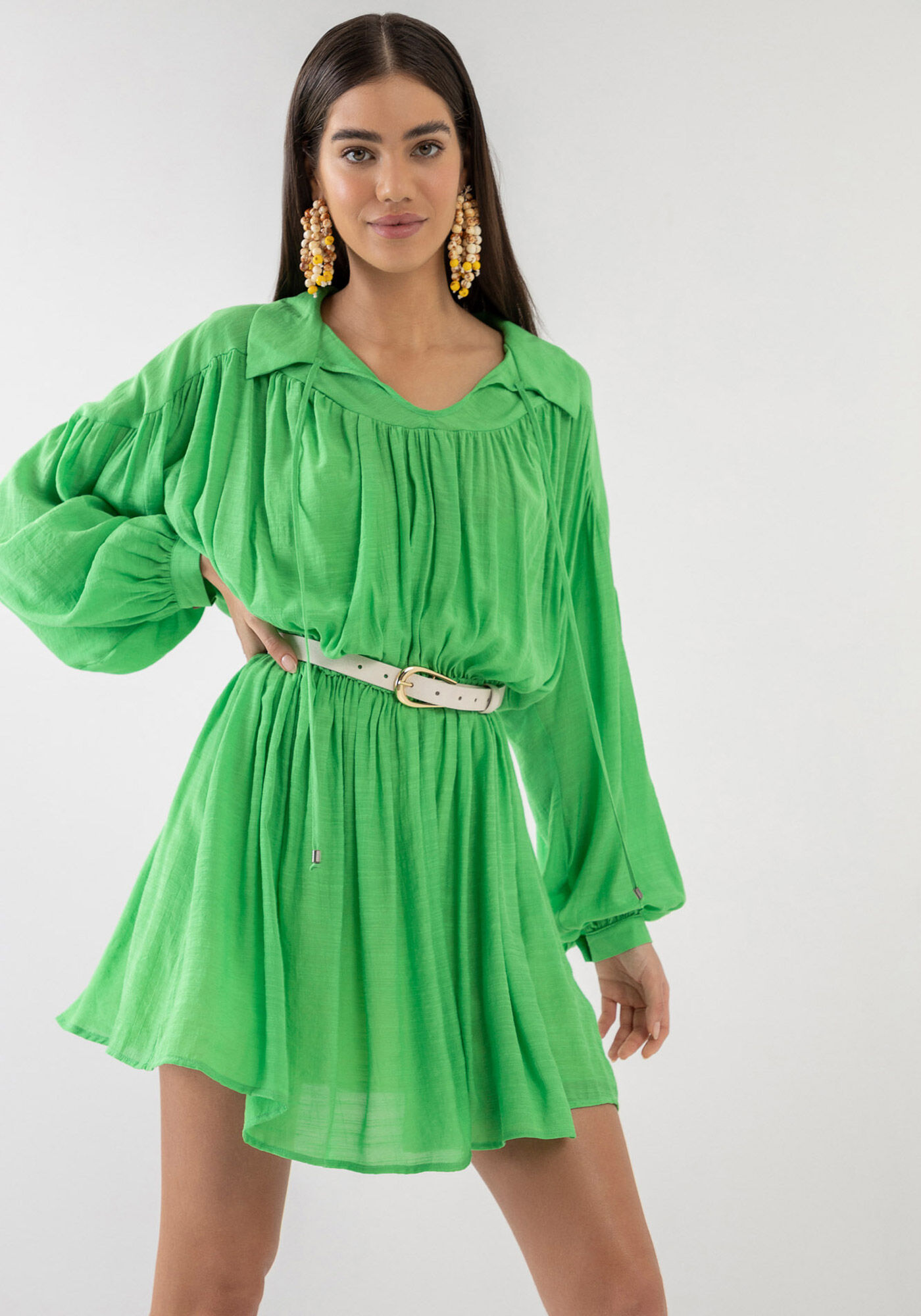 Vestido Curto Manga Longa com Franzido, VERDE GREEN FLAG, large.