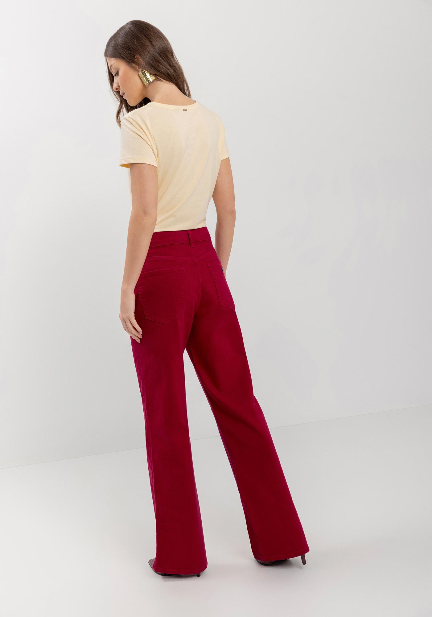 Cal&ccedil;a Wide Leg Com Cintura Alta Em Sarja Com Elastano, VERMELHO FLAMBOYANT, large.