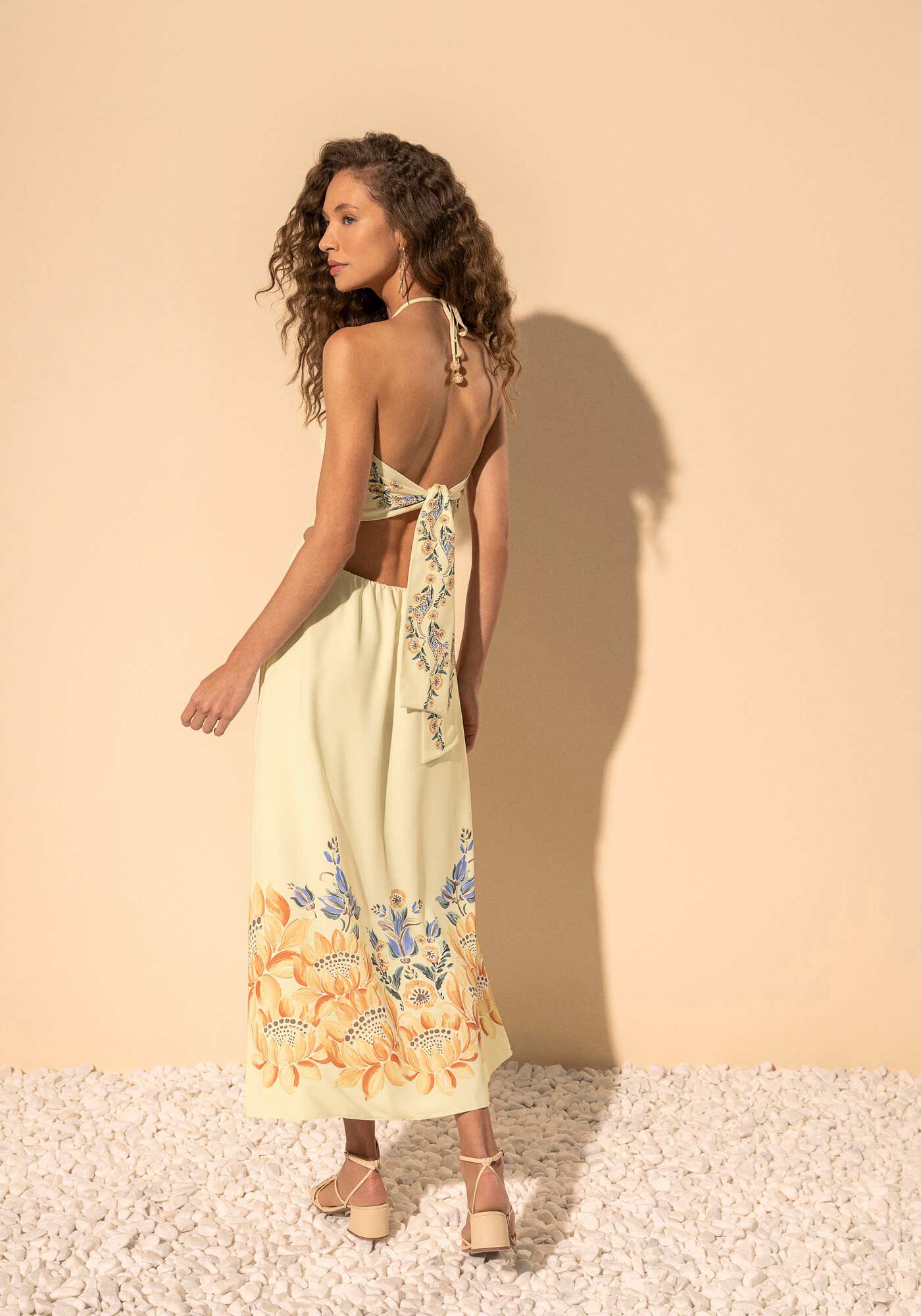 Vestido Ch&aacute; Estampado Frente &Uacute;nica Com Recortes, BEGE ALHAMBRA, large.