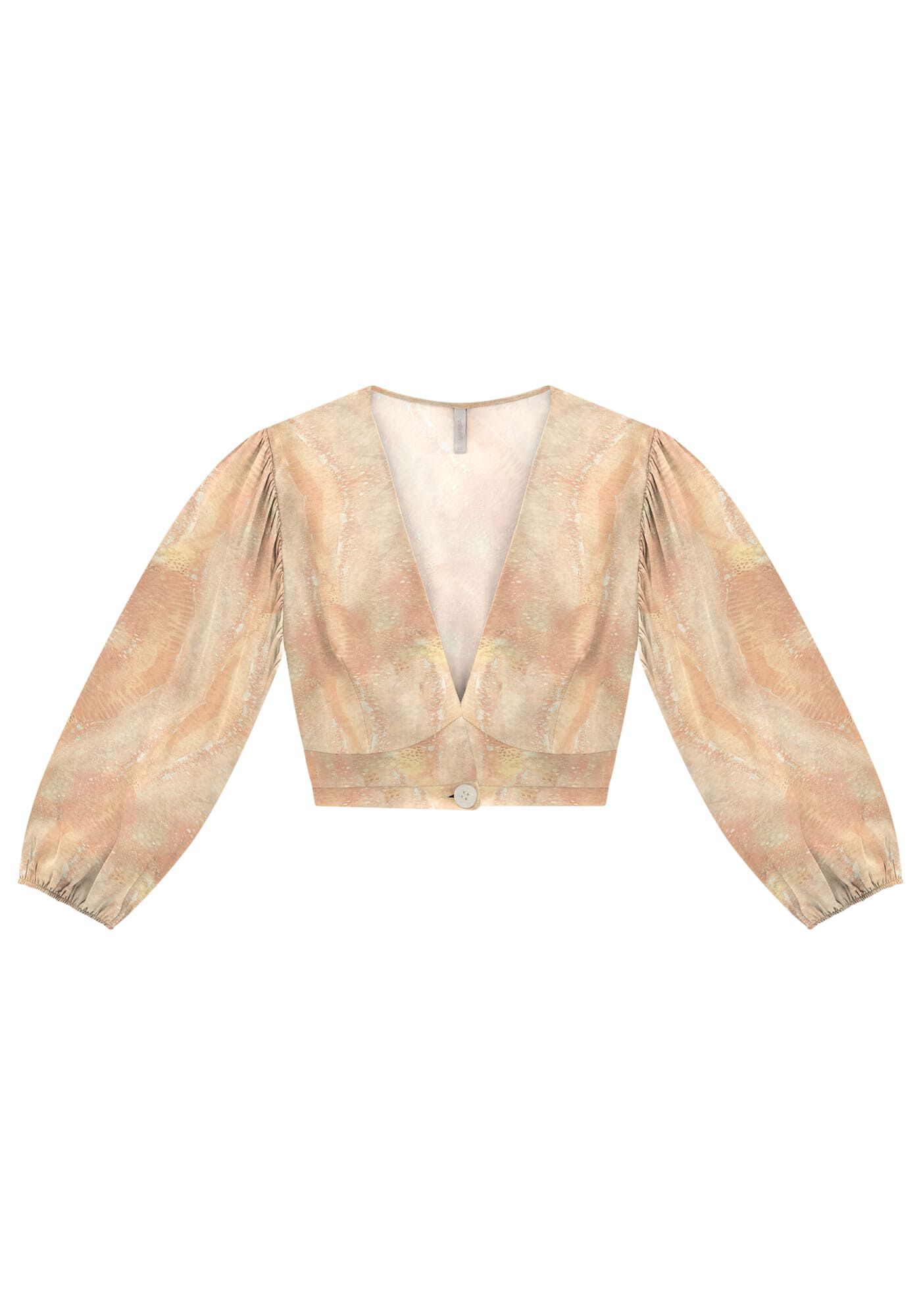 Blusa Cropped em Crepe com Manga 3/4 Bufante, , large.