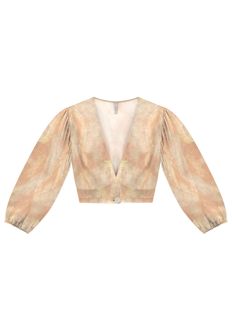 Blusa Cropped em Crepe com Manga 3/4 Bufante, . Blusa Cropped em Crepe com Manga 3/4 Bufante, , large.