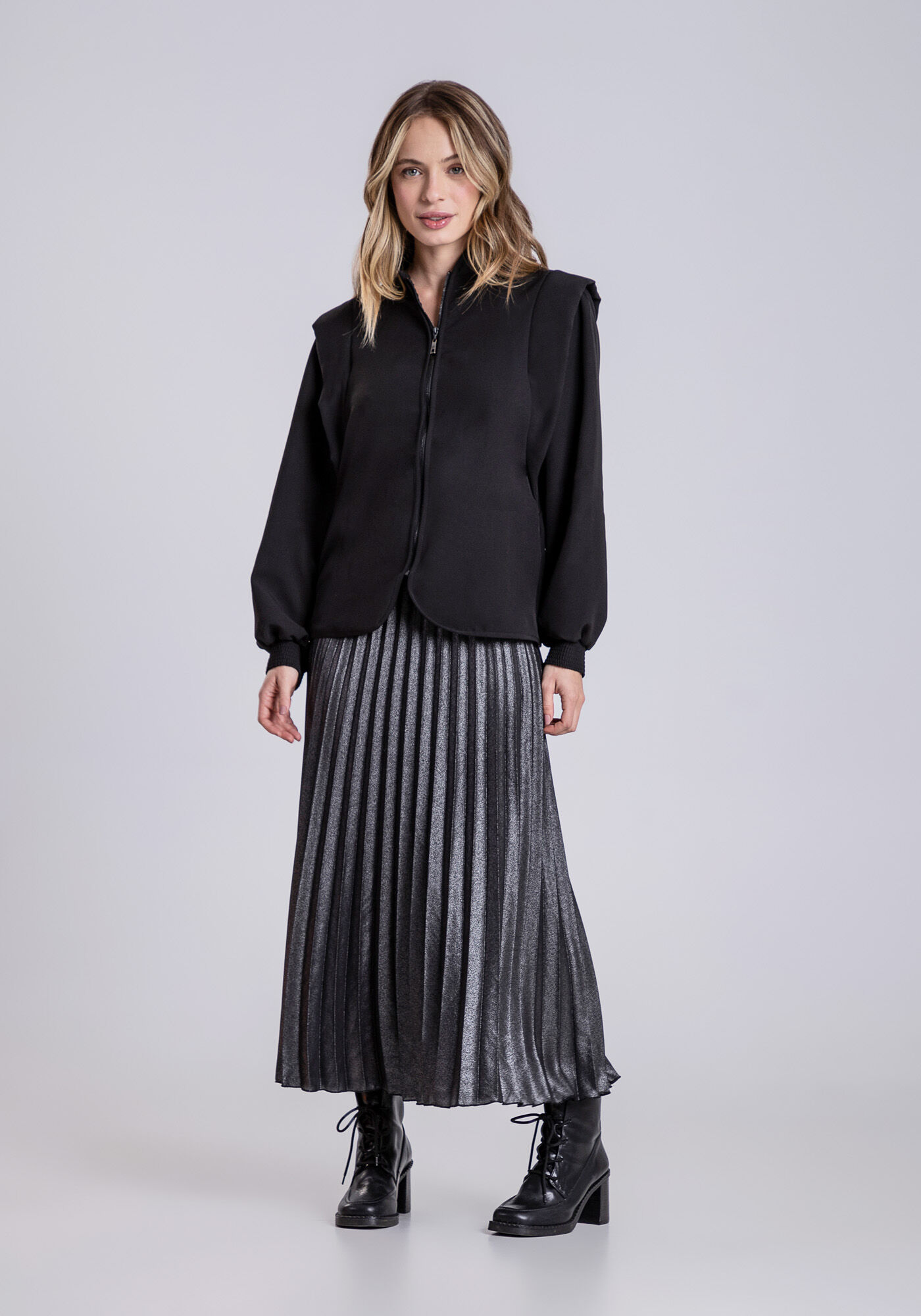 Jaqueta Petra com Recorte e Z&iacute;per, PRETO REATIVO, large.