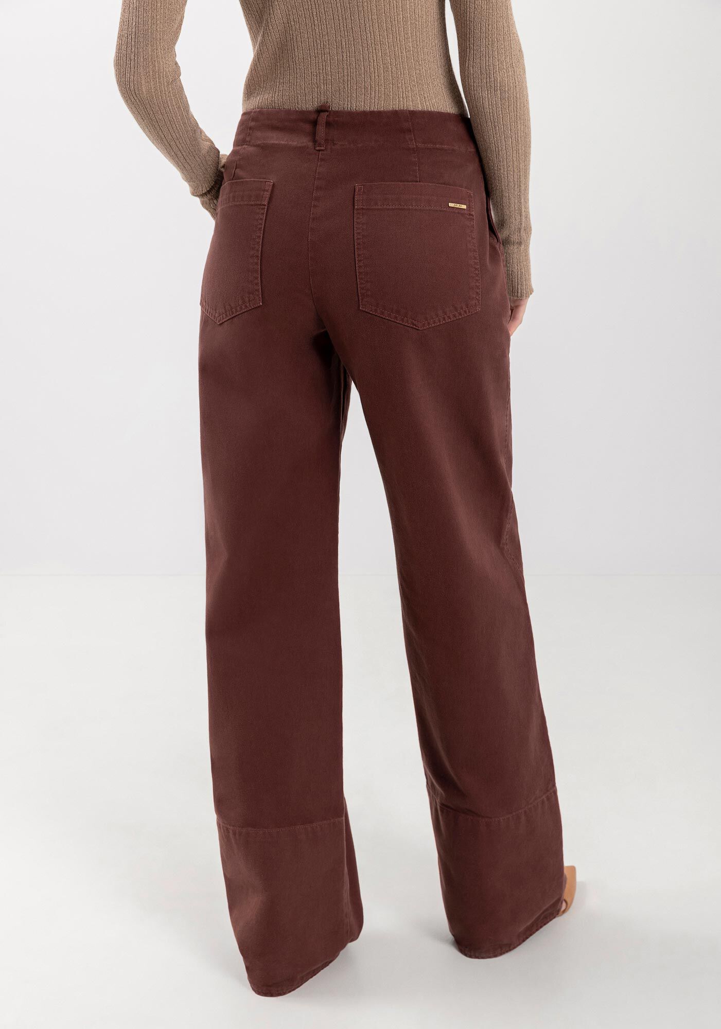 Cal&ccedil;a Wide Leg Sarja Com Cintura Alta E Barra Diferenciada, MARROM CHOCOLATE, large.