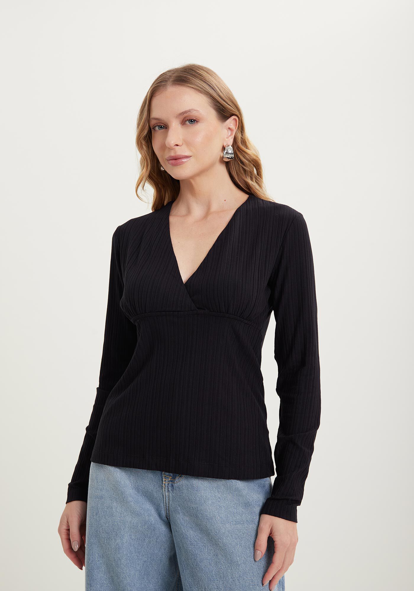 Blusa De Mangas Longas Em Malha Canelada De Viscose, , large.