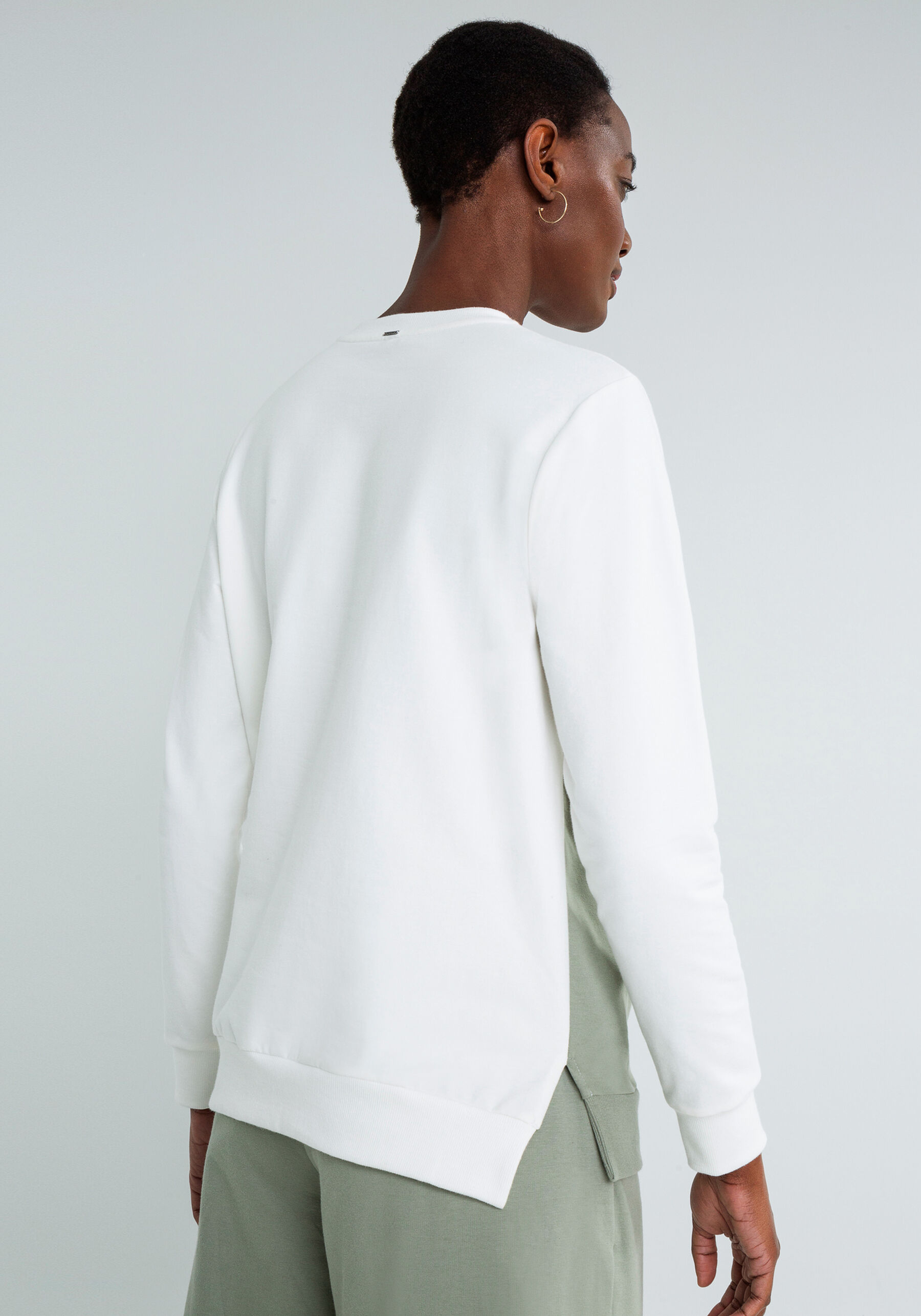 Blusão Manga Longa Recorte Tricô, BRANCO OFF WHITE. Blusão Manga Longa Recorte Tricô, BRANCO OFF WHITE, large.