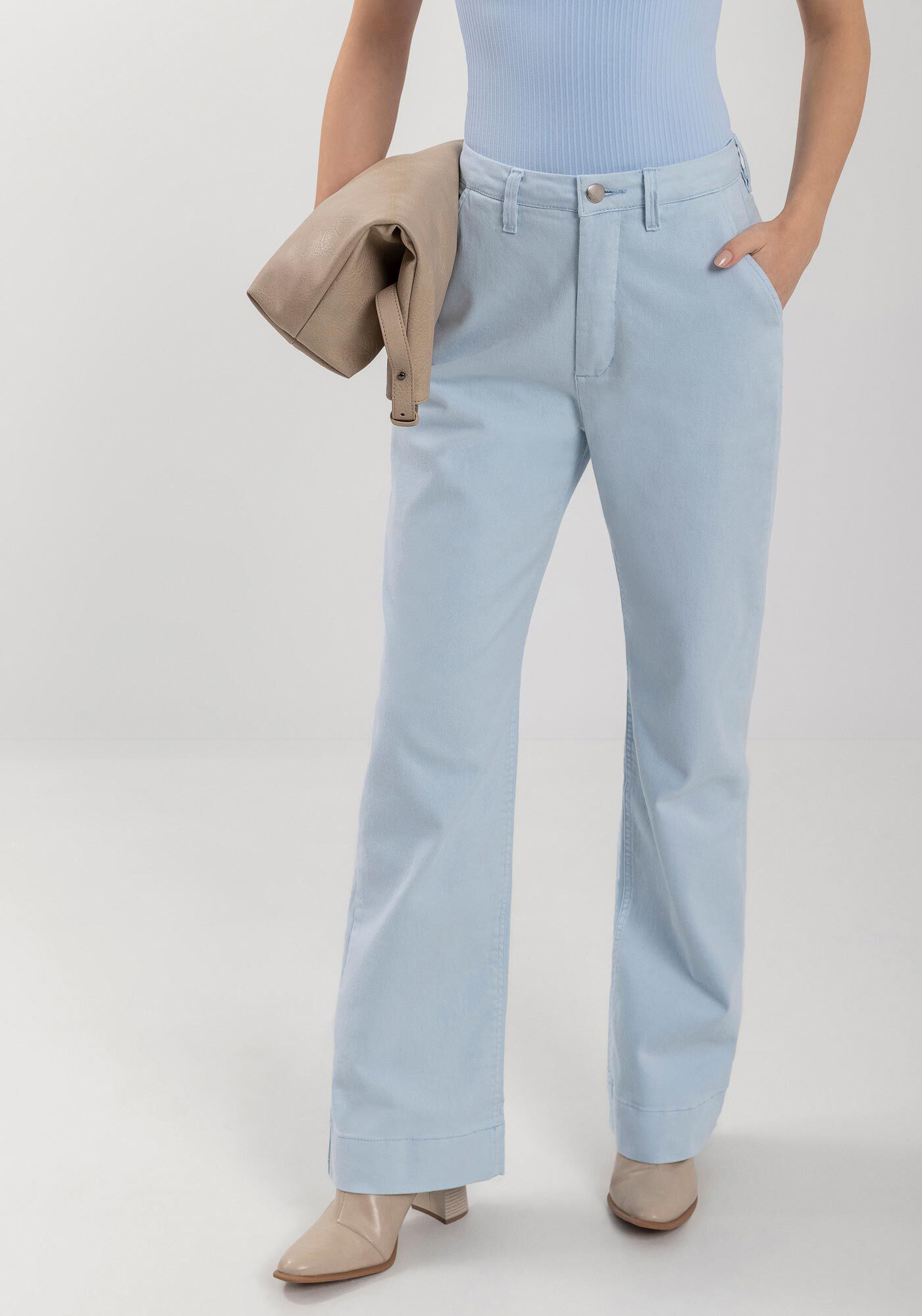 Cal&ccedil;a Reta Com Cintura Alta Em Sarja Com Elastano, , large.