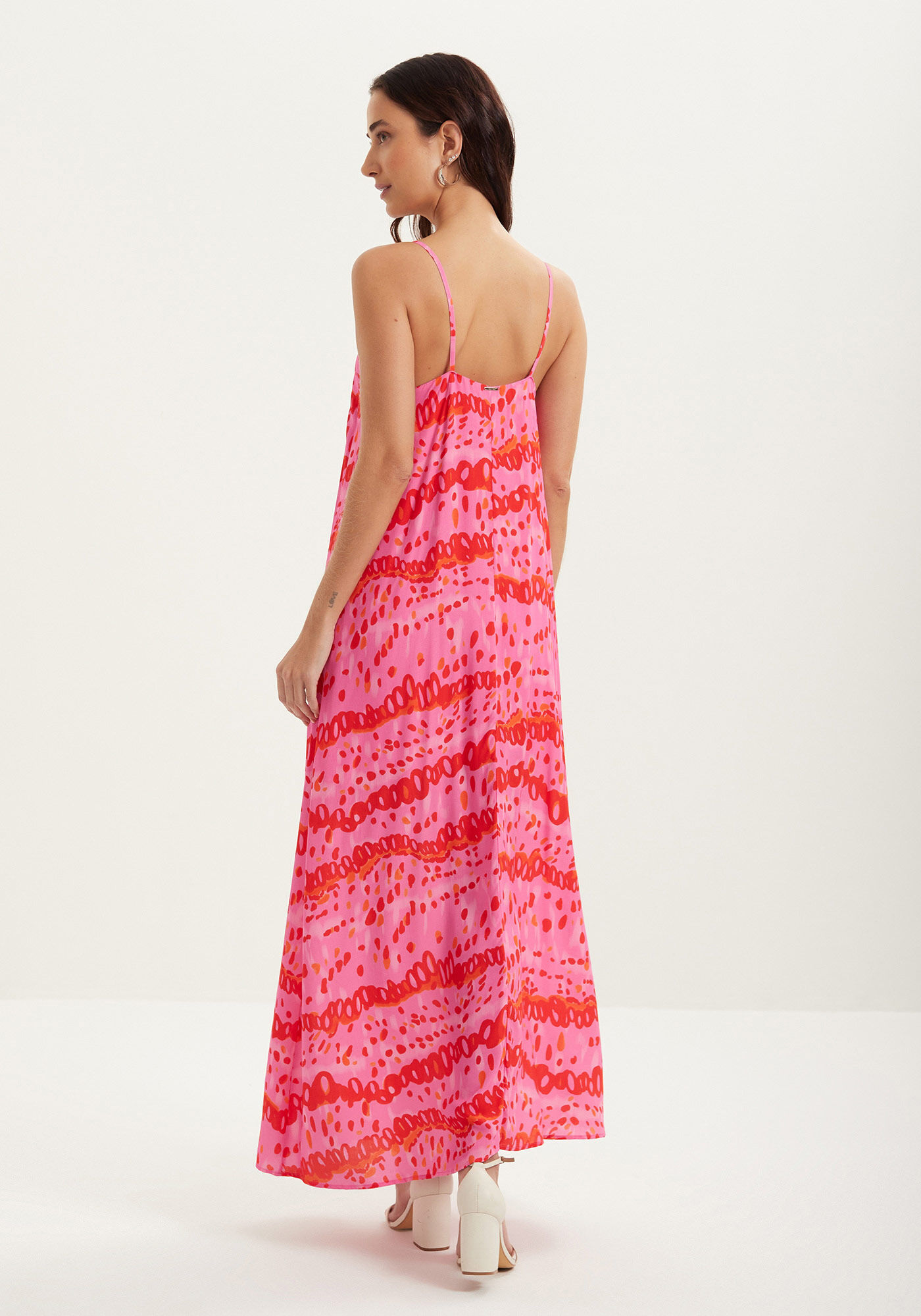 Vestido Longo Estampado Fluido De Al&ccedil;as Com Decote Em V, , large.