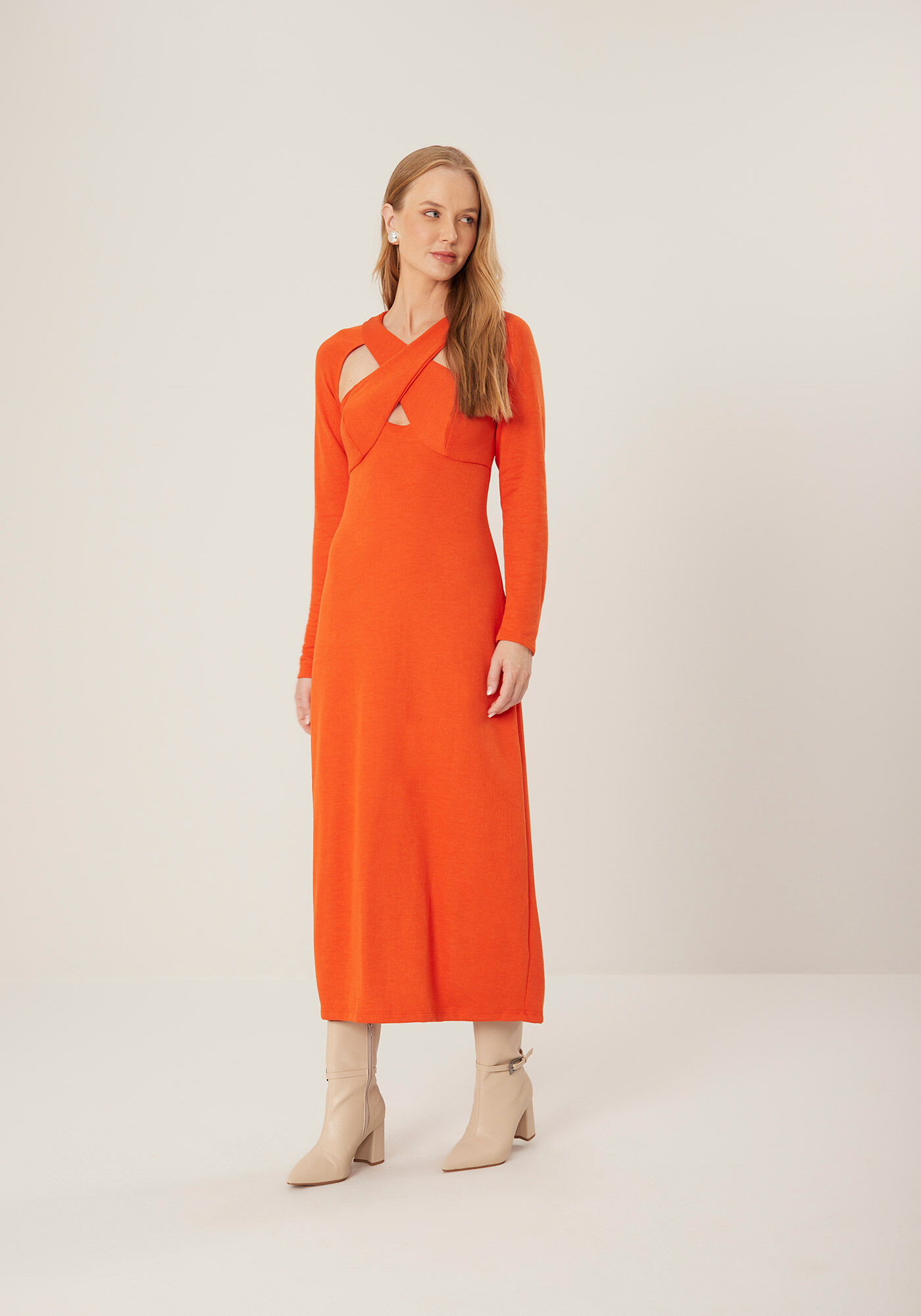 Vestido Midi Ch&aacute; De Mangas Longas Com Recortes Frontais, LARANJA TOMILHO, large.