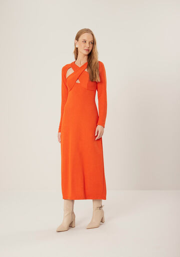 Vestido Midi Chá De Mangas Longas Com Recortes Frontais, LARANJA TOMILHO. Vestido Midi Chá De Mangas Longas Com Recortes Frontais, LARANJA TOMILHO, large.