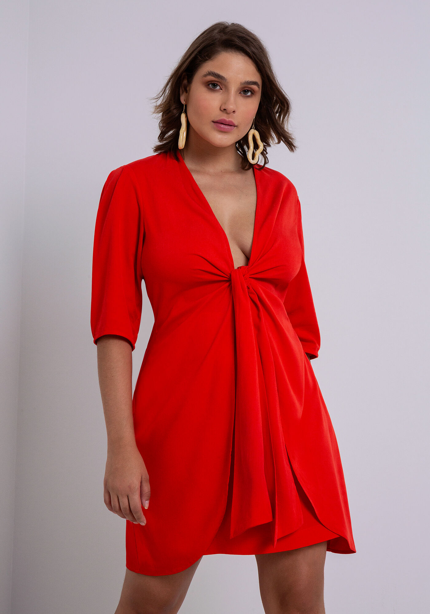 Vestido Curto Tecido Velurd com Amarra&ccedil;&atilde;o, LARANJA INCENDIO, large.