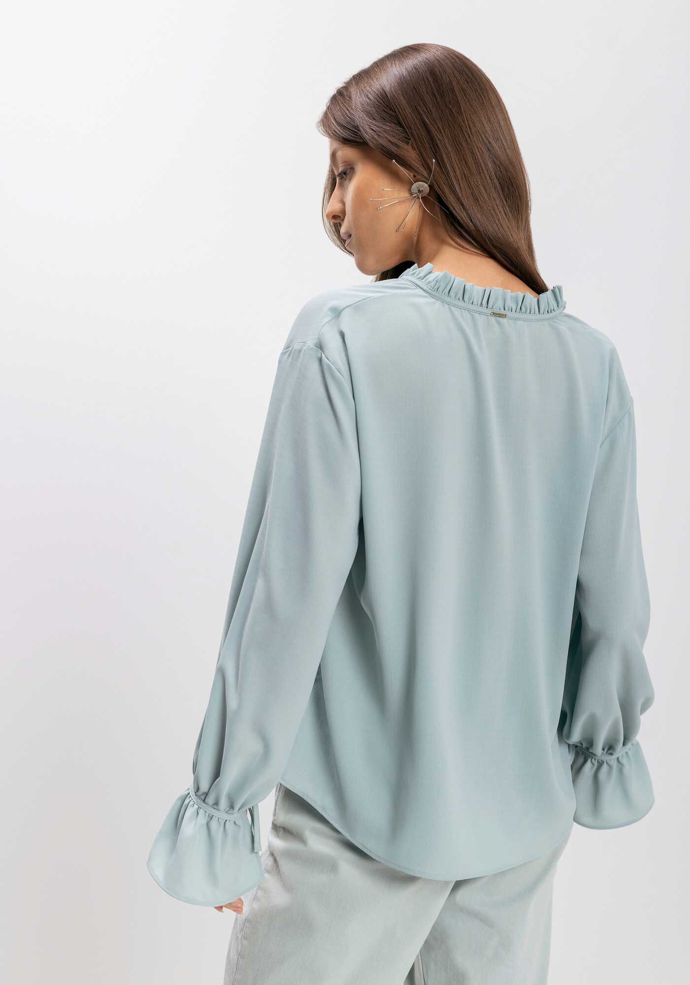 Blusa De Mangas Longas Com Babado E Amarra&ccedil;&atilde;o Em Chiffon, , large.
