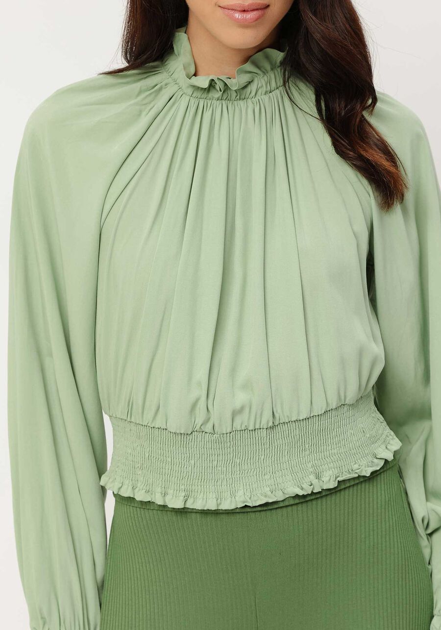 Blusa Manga Longa Franzida com Gola Alta, . Blusa Manga Longa Franzida com Gola Alta, , large.