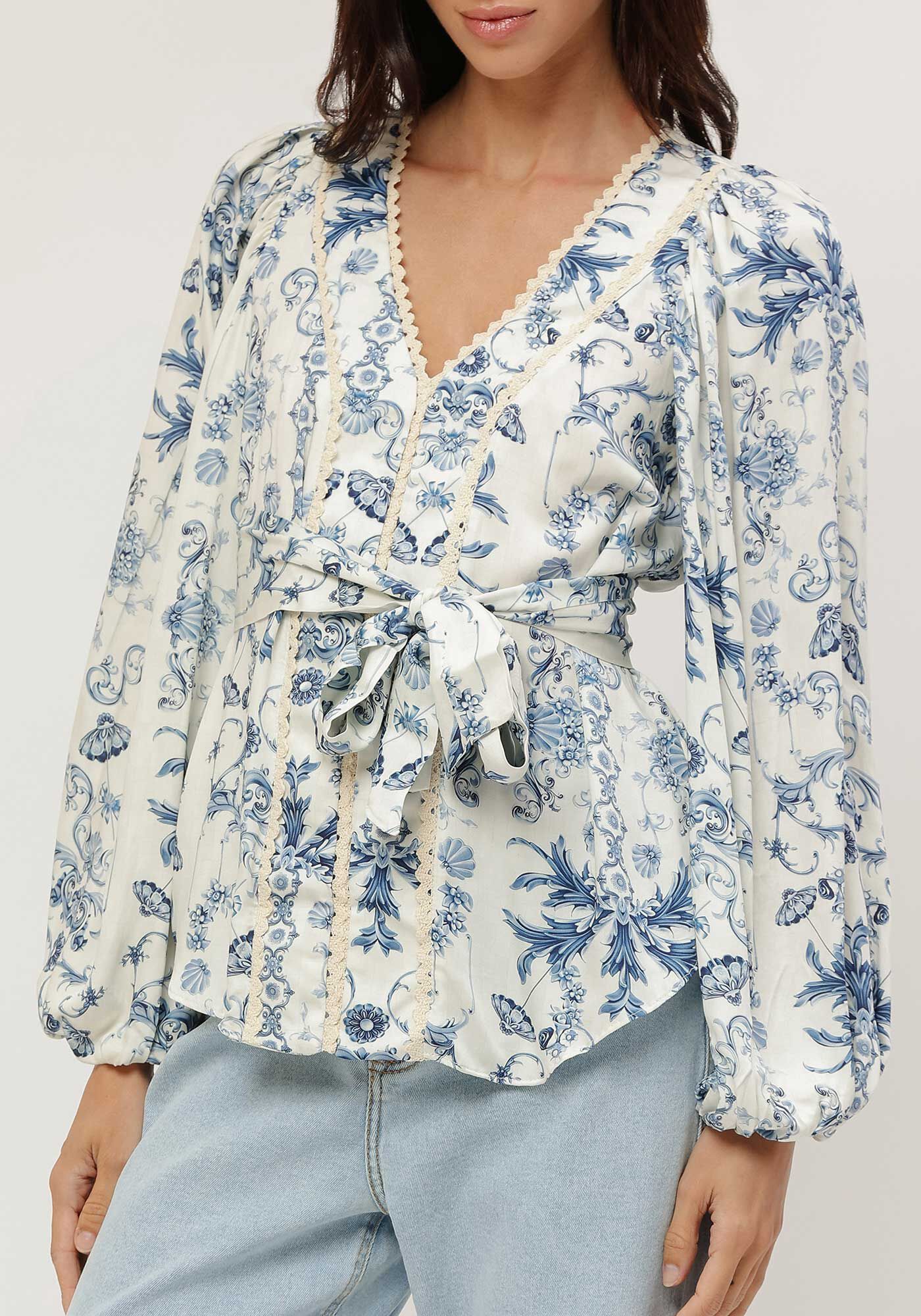 Blusa Manga Longa Bufante Estampada com Faixa, , large.