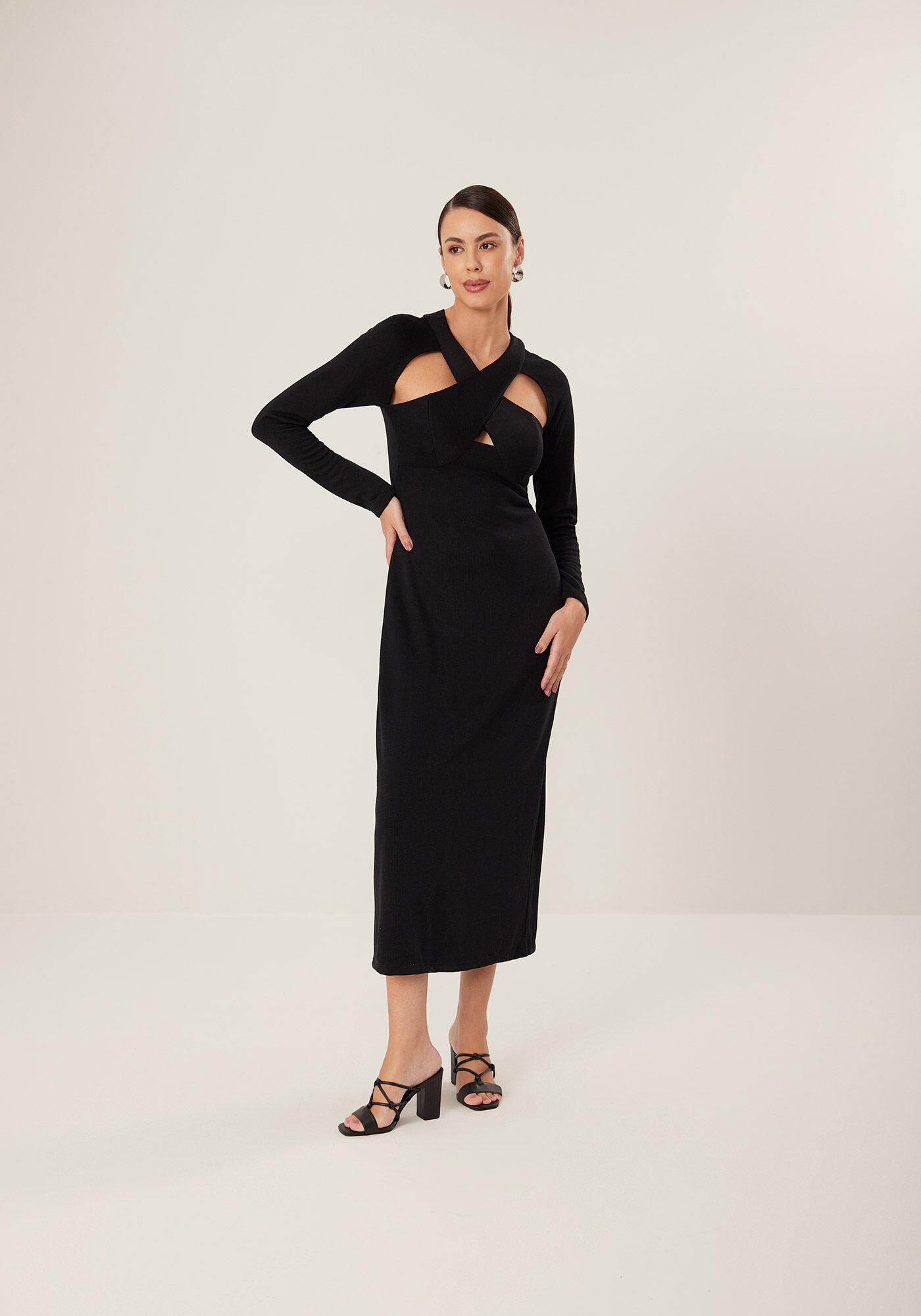 Vestido Midi Ch&aacute; De Mangas Longas Com Recortes Frontais, , large.