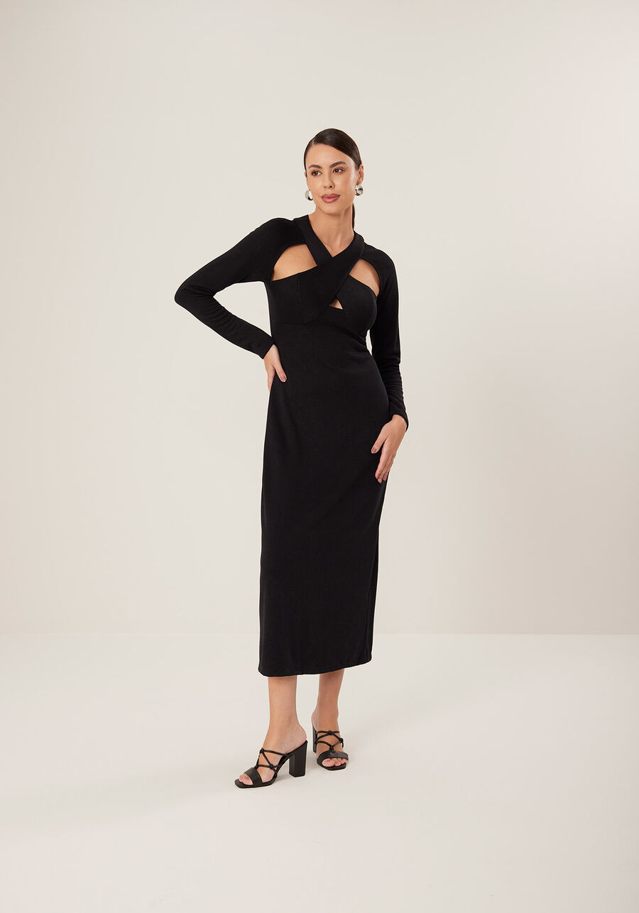Vestido Midi Chá De Mangas Longas Com Recortes Frontais, . Vestido Midi Chá De Mangas Longas Com Recortes Frontais, , large.