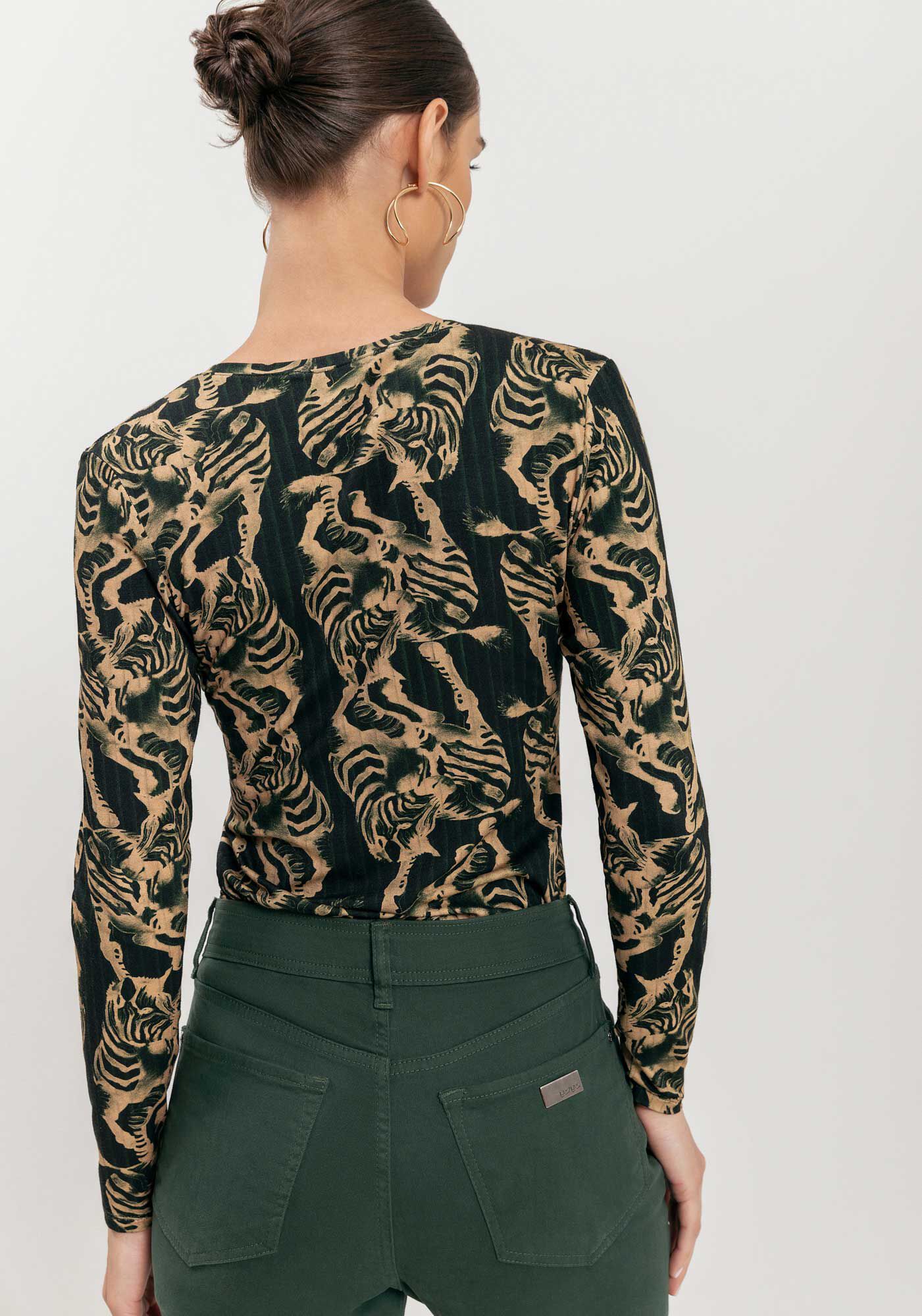 Blusa Estampada De Mangas Longas Em Malha De Viscose, ZEBRA PLISSE VERDE, large.