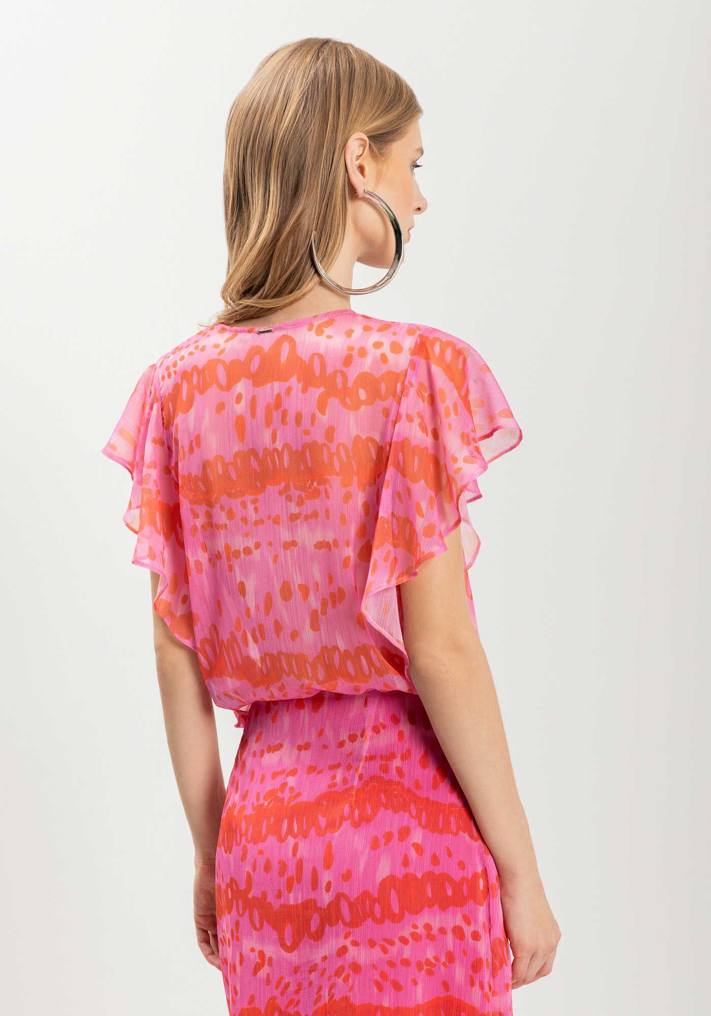 Blusa Fluida Estampada Com Babados E Transpar&ecirc;ncia, , large.