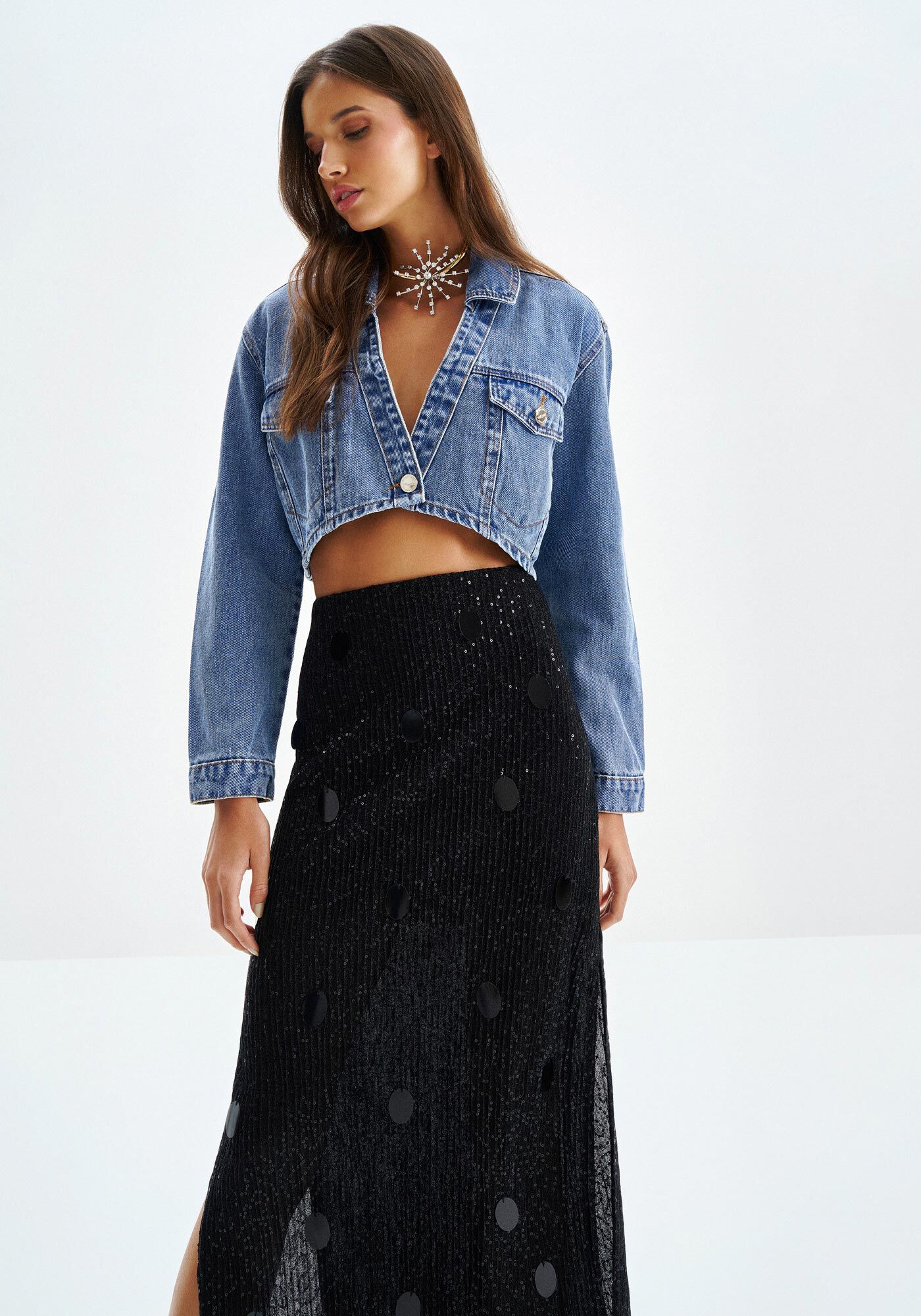 Jaqueta Jeans Cropped com Bot&atilde;o, , large.