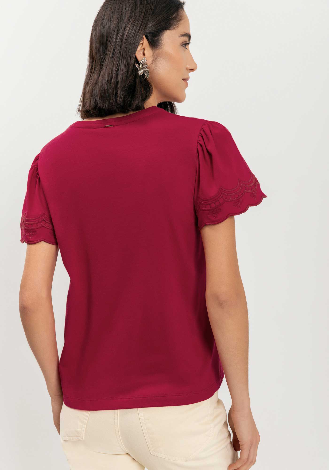 Blusa T-shirt Com Mangas Curtas Bordadas Em Algod&atilde;o Penteado, , large.