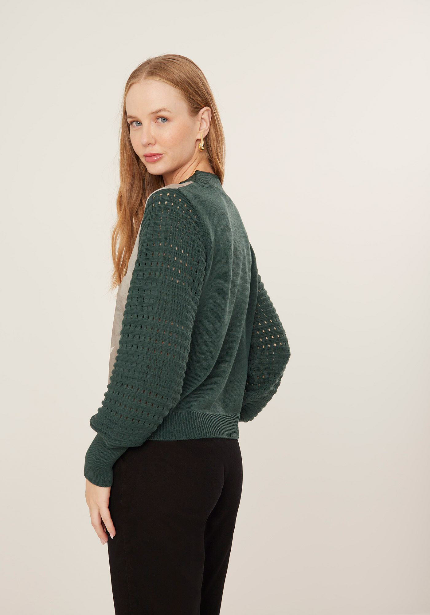 Blus&atilde;o Estampado em Tric&ocirc; com Mangas Bufantes, , large.