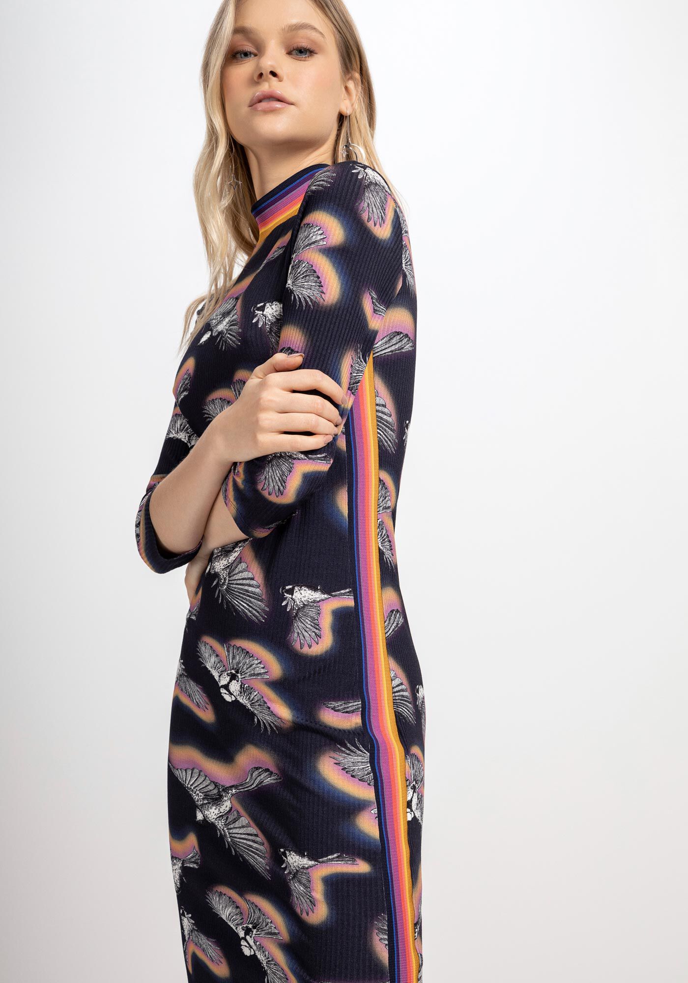 Vestido Midi Canelado Gola Alta com Manga 3/4, FREEDOM, large.