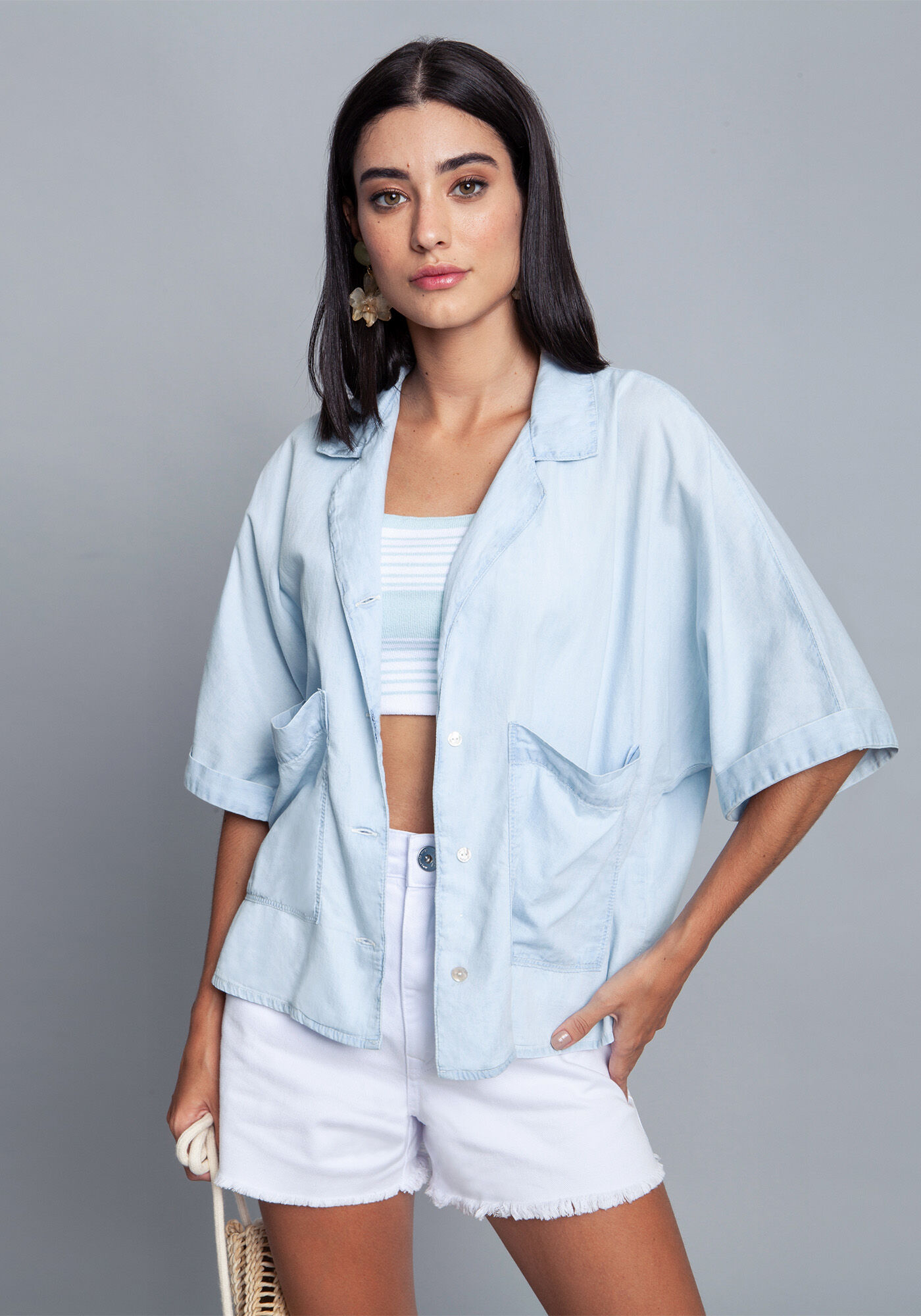 Camisa Jeans Manga Curta, , large.