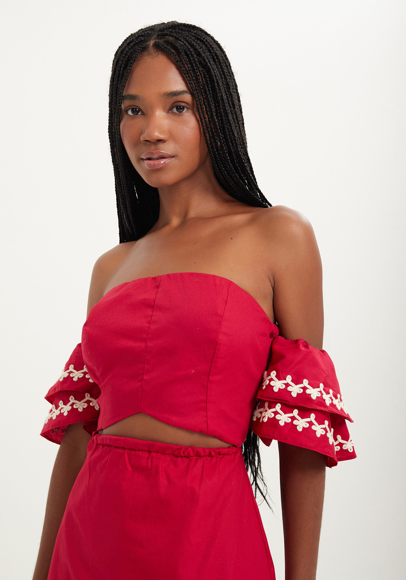 Vestido Ombro A Ombro Com Bordado E Recorte, VERMELHO PASSION, large.