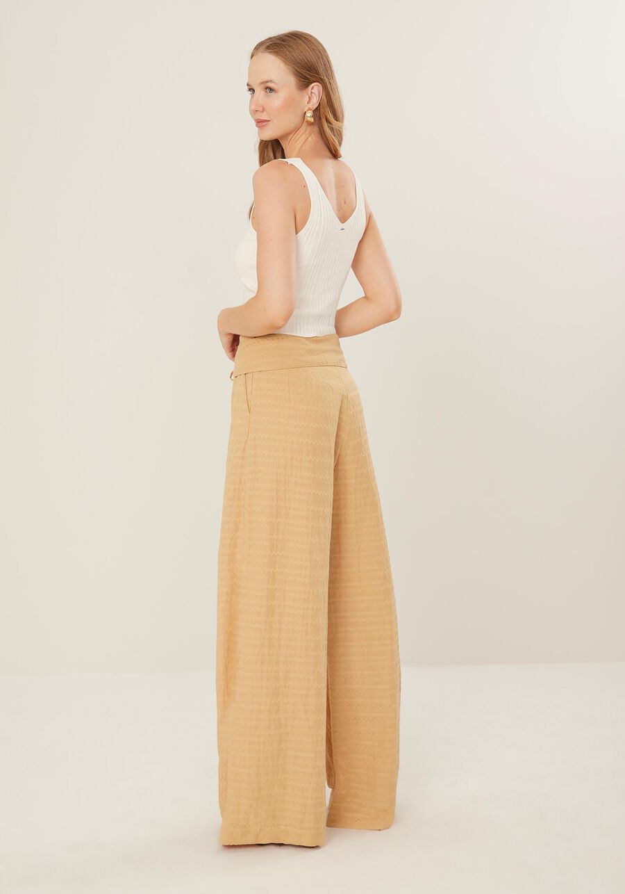 Calça Pantalona em Jacquard com Amarração Cós, BEGE BIRCH. Calça Pantalona em Jacquard com Amarração Cós, BEGE BIRCH, large.