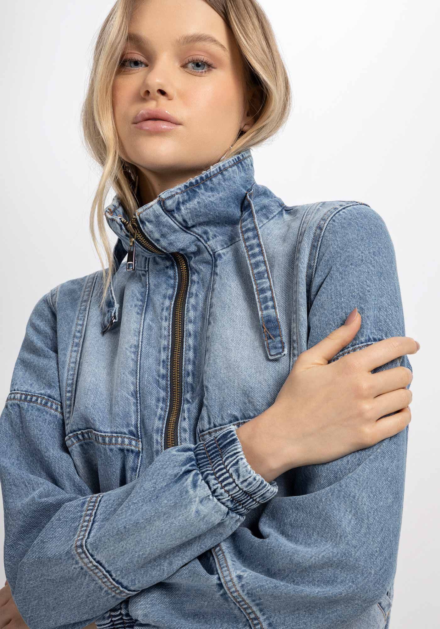 Jaqueta Jeans Bomber com Bordado P&aacute;ssaro, , large.