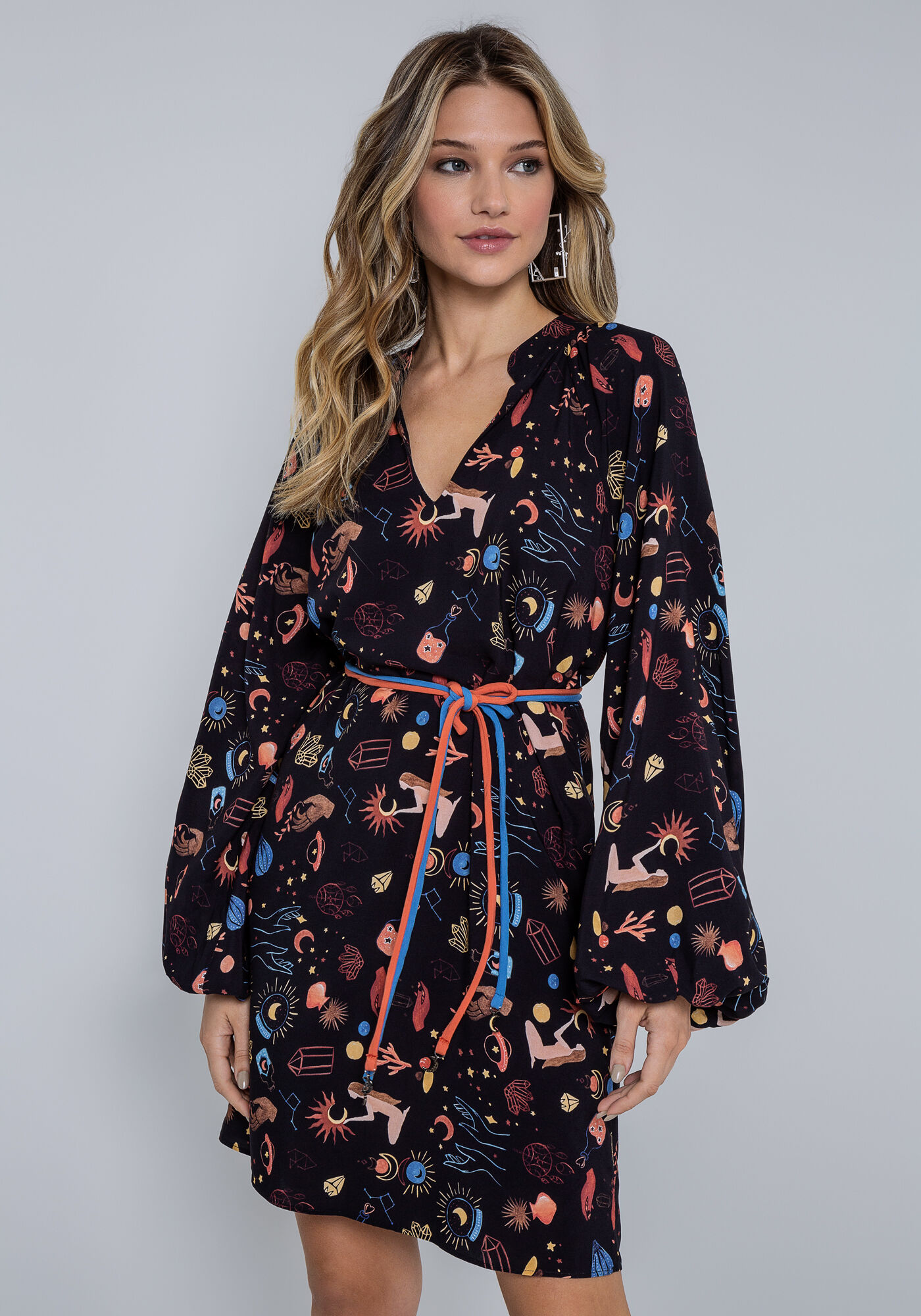 Vestido Curto Manga Bufante e Cinto, ENIGMA, large.