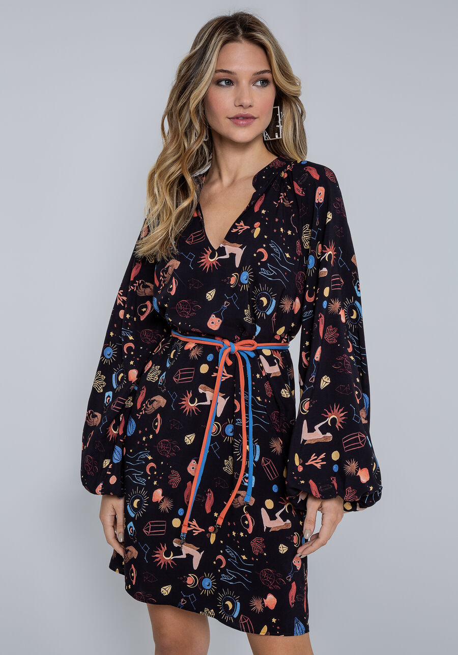 Vestido Curto Manga Bufante e Cinto, ENIGMA. Vestido Curto Manga Bufante e Cinto, ENIGMA, large.